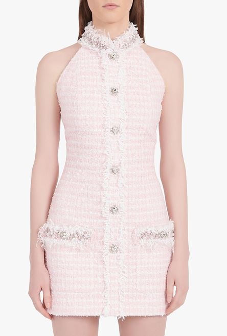 White and pale pink tweed open-back dress with embroideries - 5