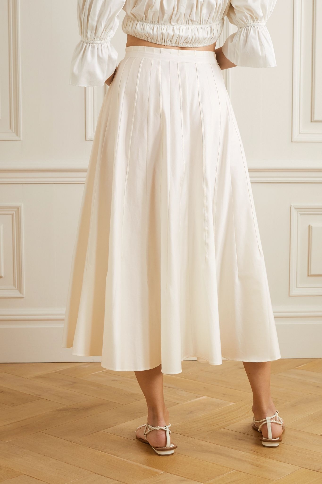 Sistra belted pleated stretch-cotton satin midi skirt - 3