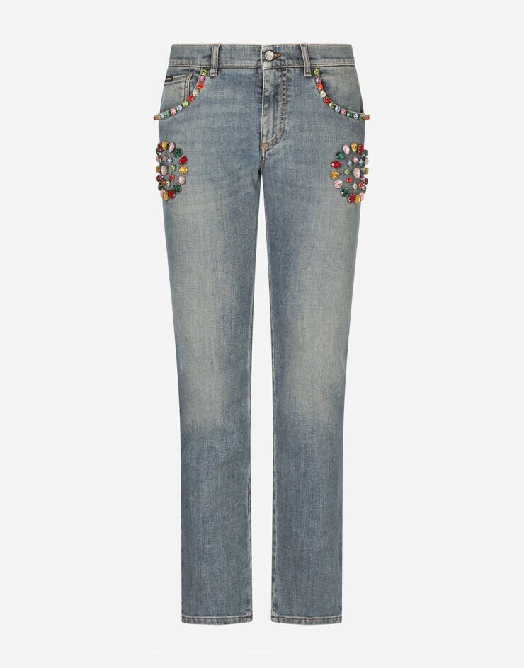 Blue skinny stretch jeans with crystals - 1