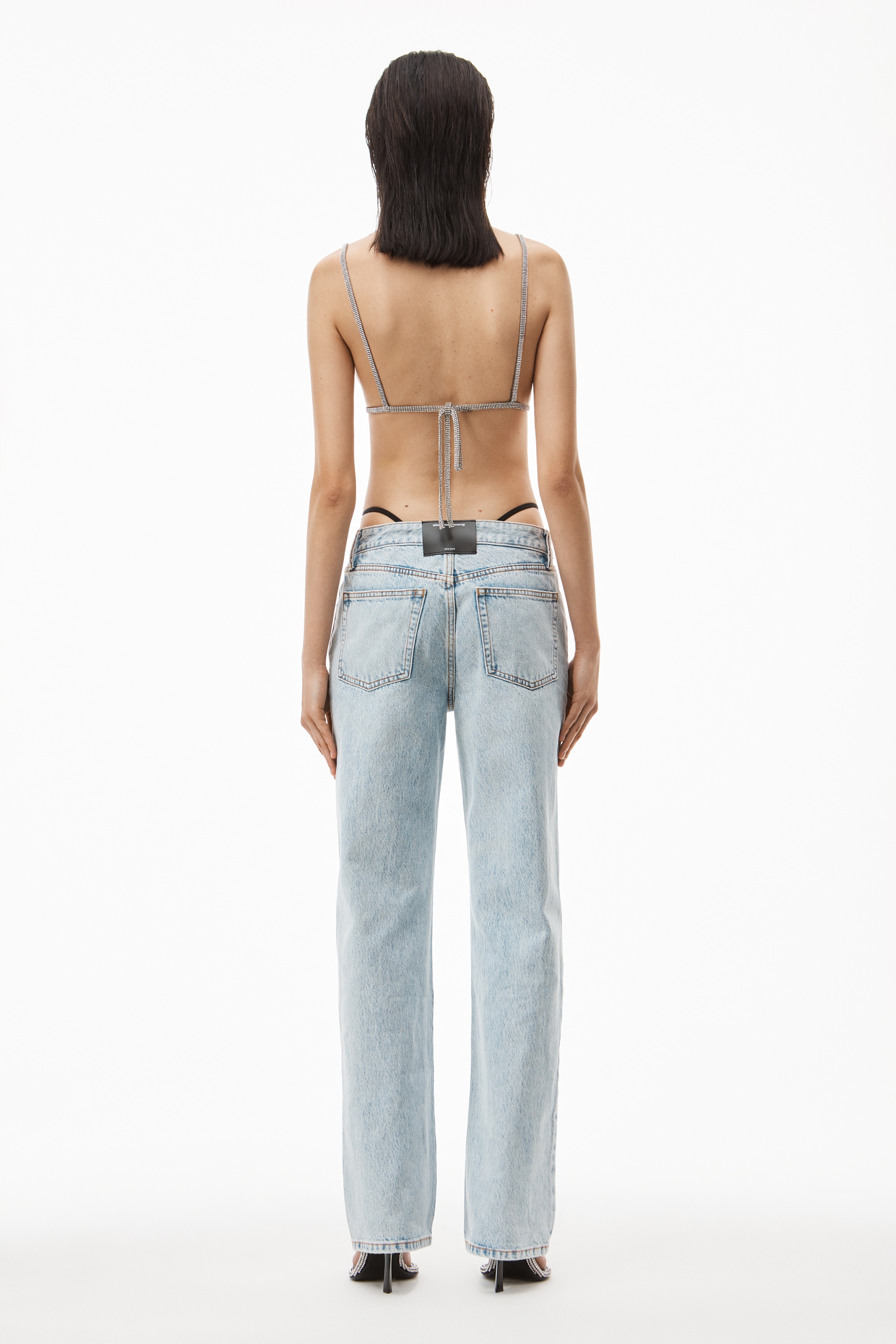DIAMANTE LOGO STRAP LAYER JEAN IN DENIM - 5