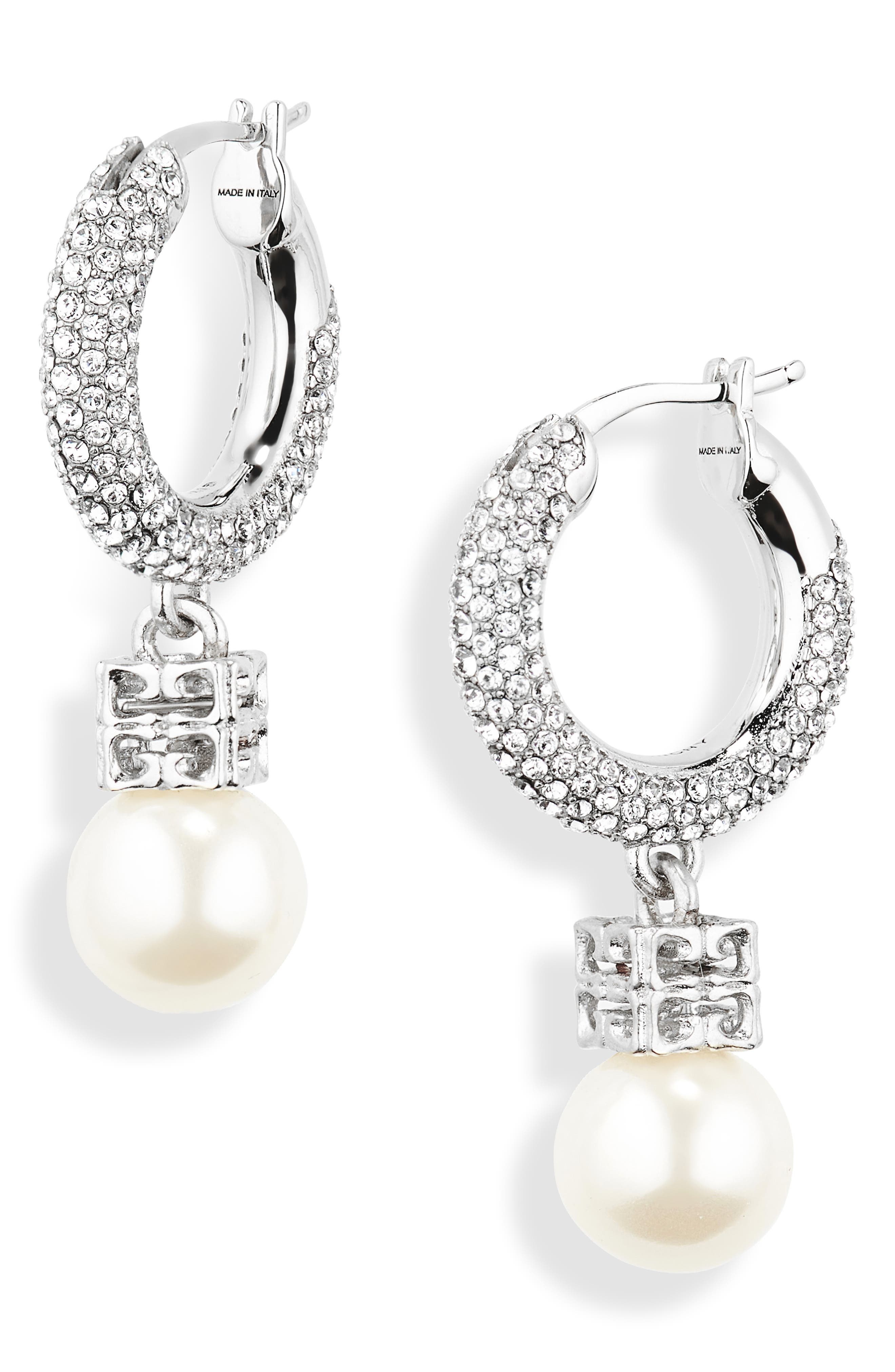 Givenchy Imitation Pearl & Crystal Hoop Earrings in Off White/Silvery at Nordstrom - 1