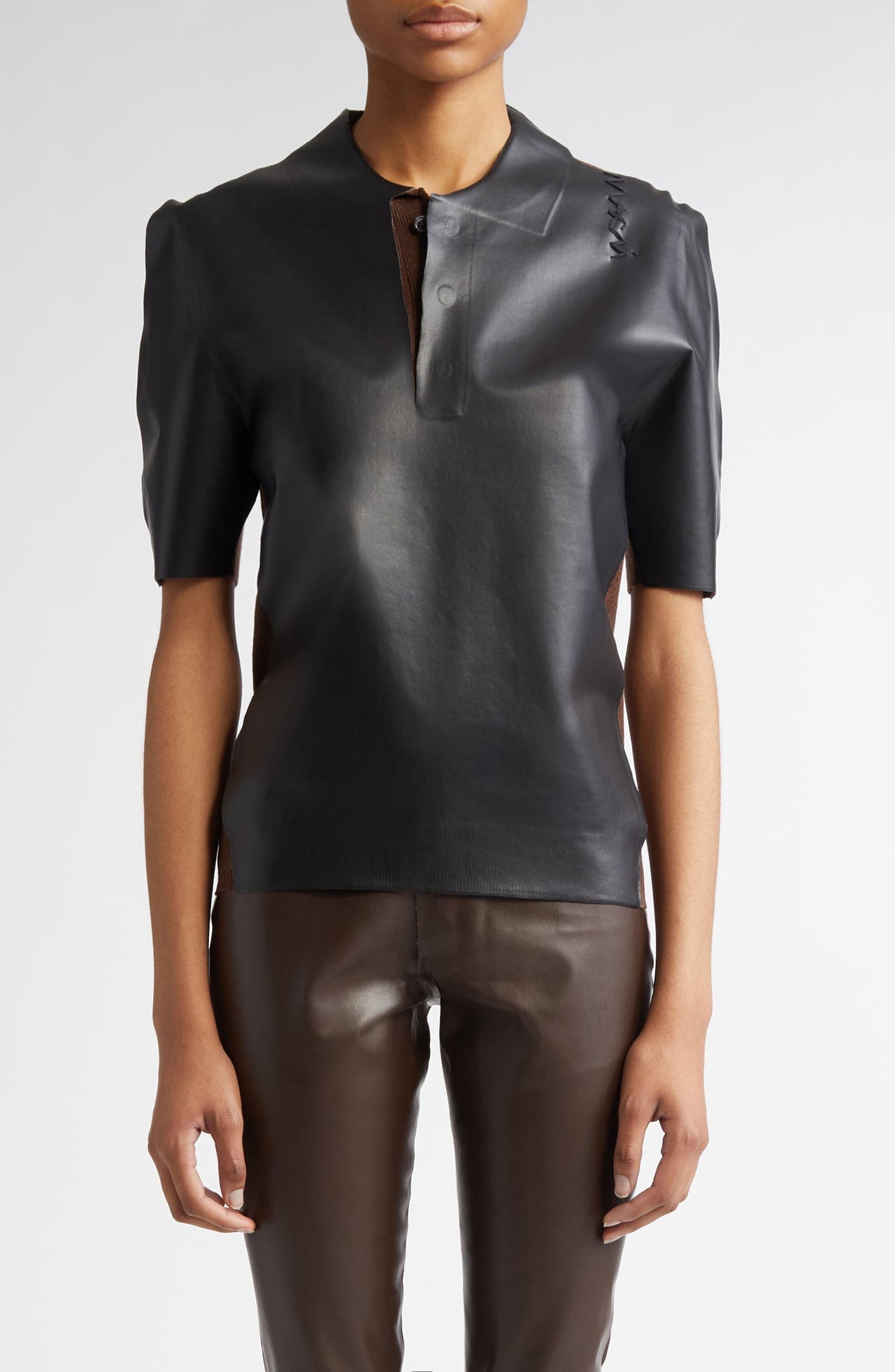 Marni Mixed Media Faux Leather Polo in Moca at Nordstrom - 1