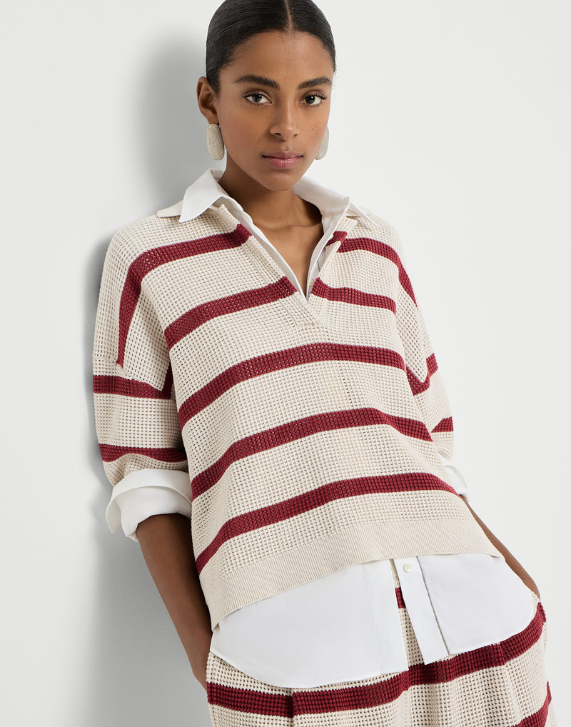 Cotton striped net knit polo shirt 5