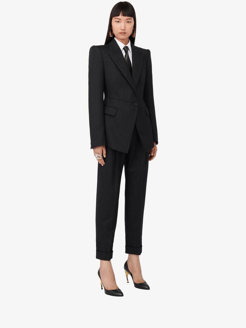 Women's Sharp Peplum Single-breasted Jacket in Dark Grey Melange - 3