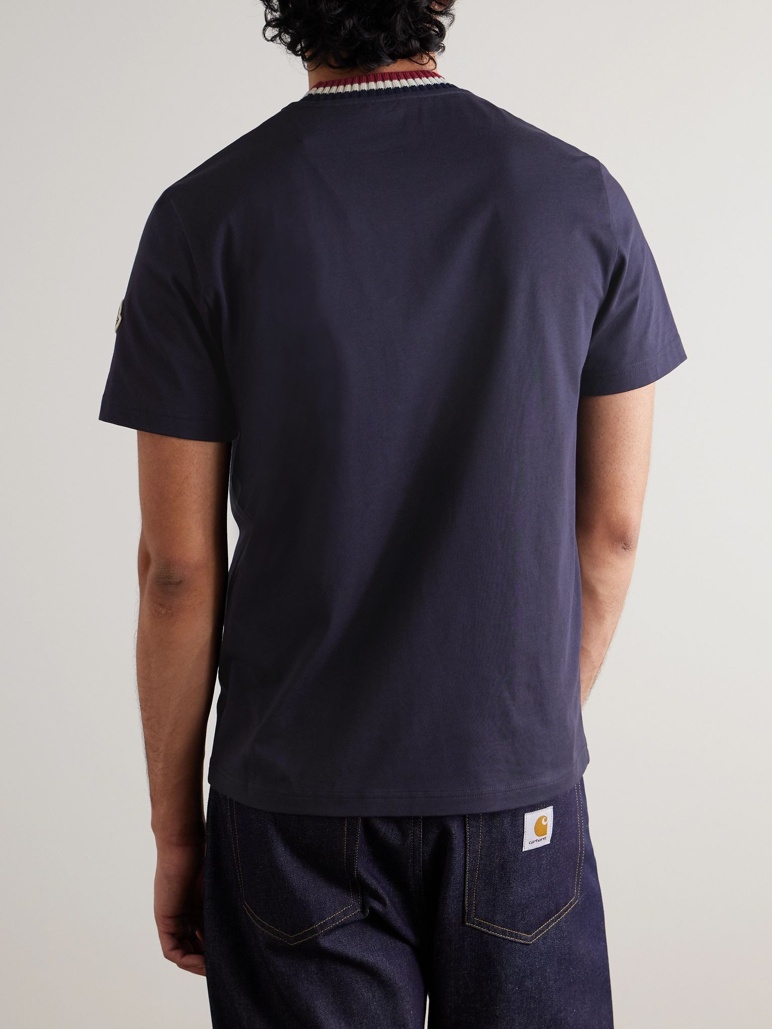 Striped Stretch-Knit Trimmed Logo-Appliquéd Cotton-Jersey T-Shirt Navy - 3
