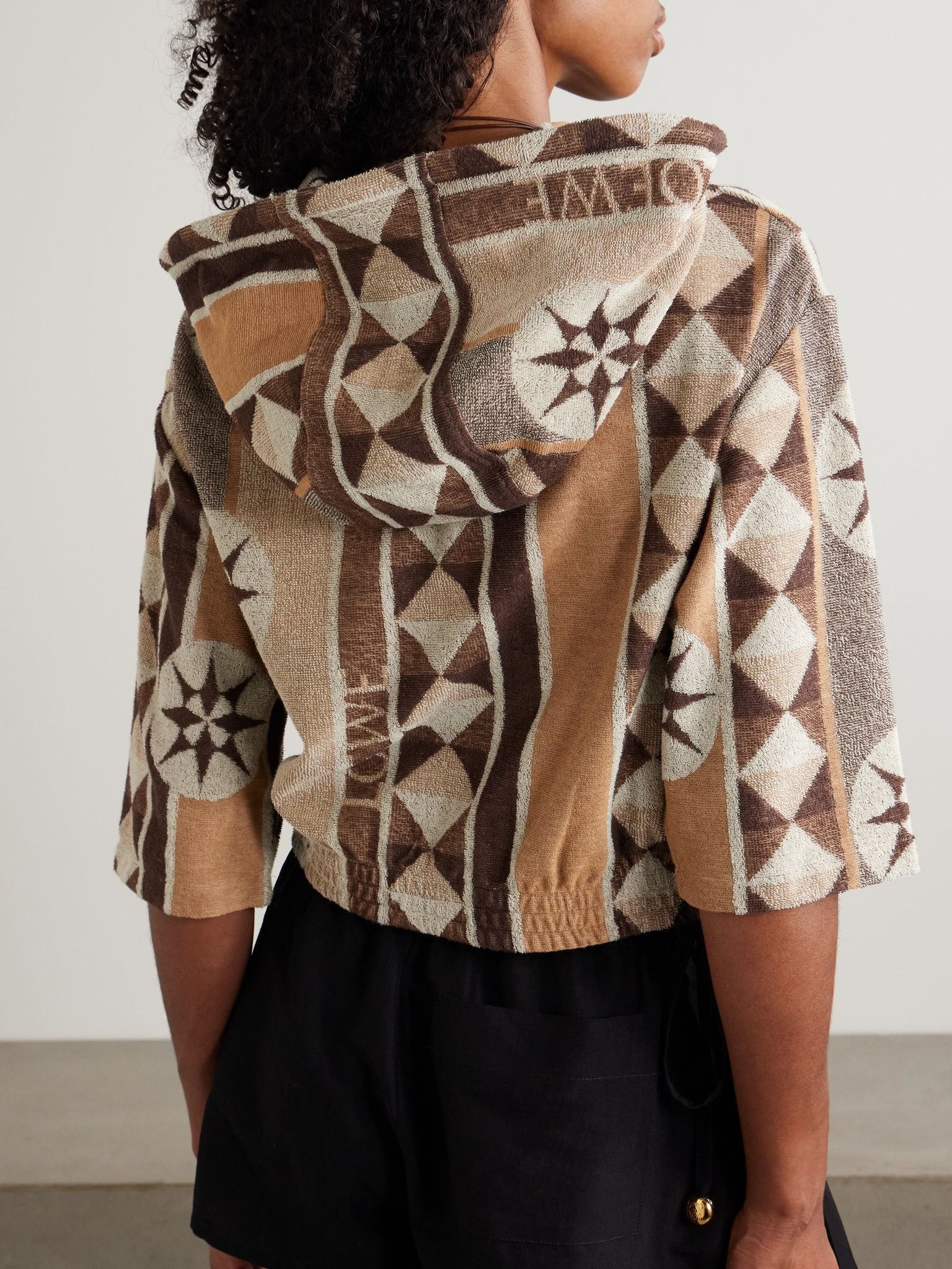 + Paula's Ibiza cropped jacquard-woven cotton-blend terry hoodie Beige - 4
