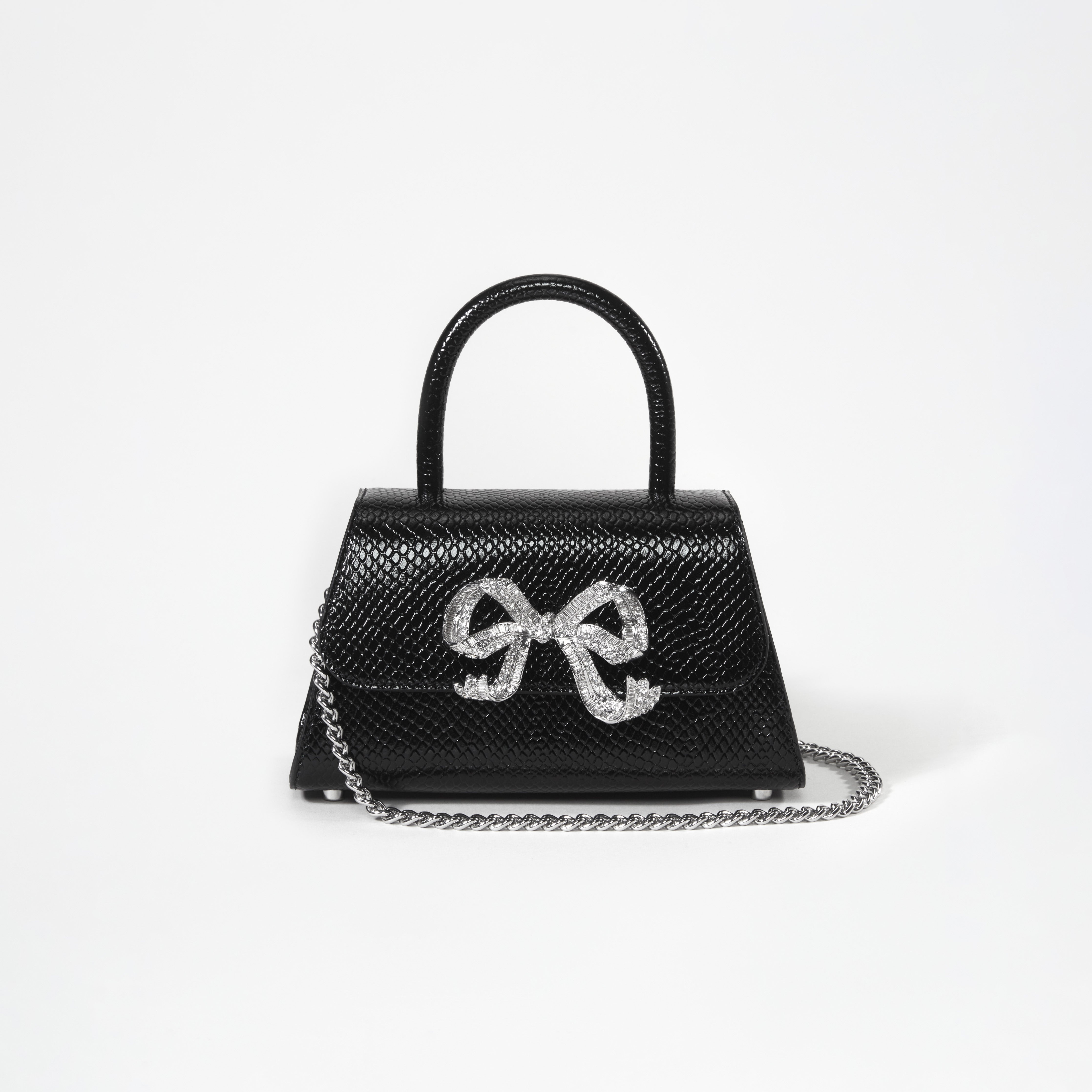 Black Python Diamante Bow Mini Bag - 4