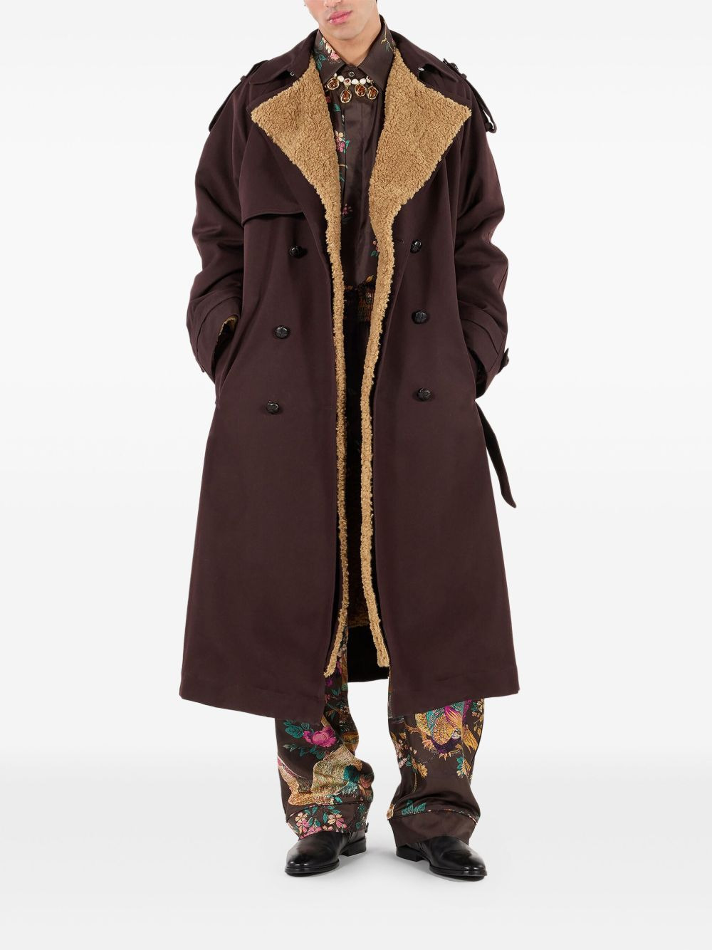double-breasted shearling-lined trench coat - 2
