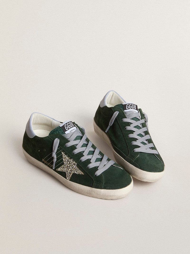 Golden Goose Super-Star in green suede, silver glitter star and leather heel tab outlook