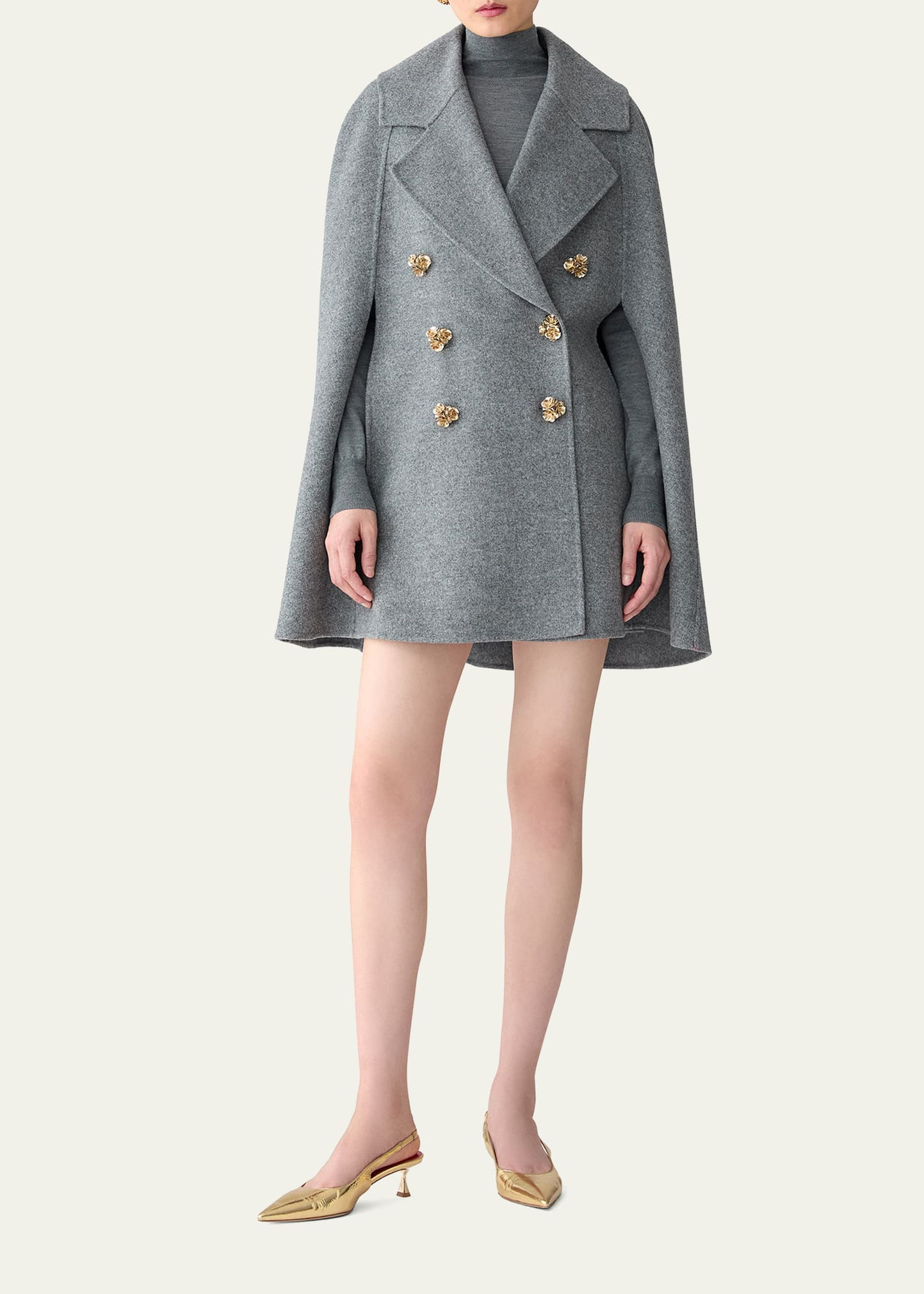 Flower-Button Double-Breasted Wool Cape - 2