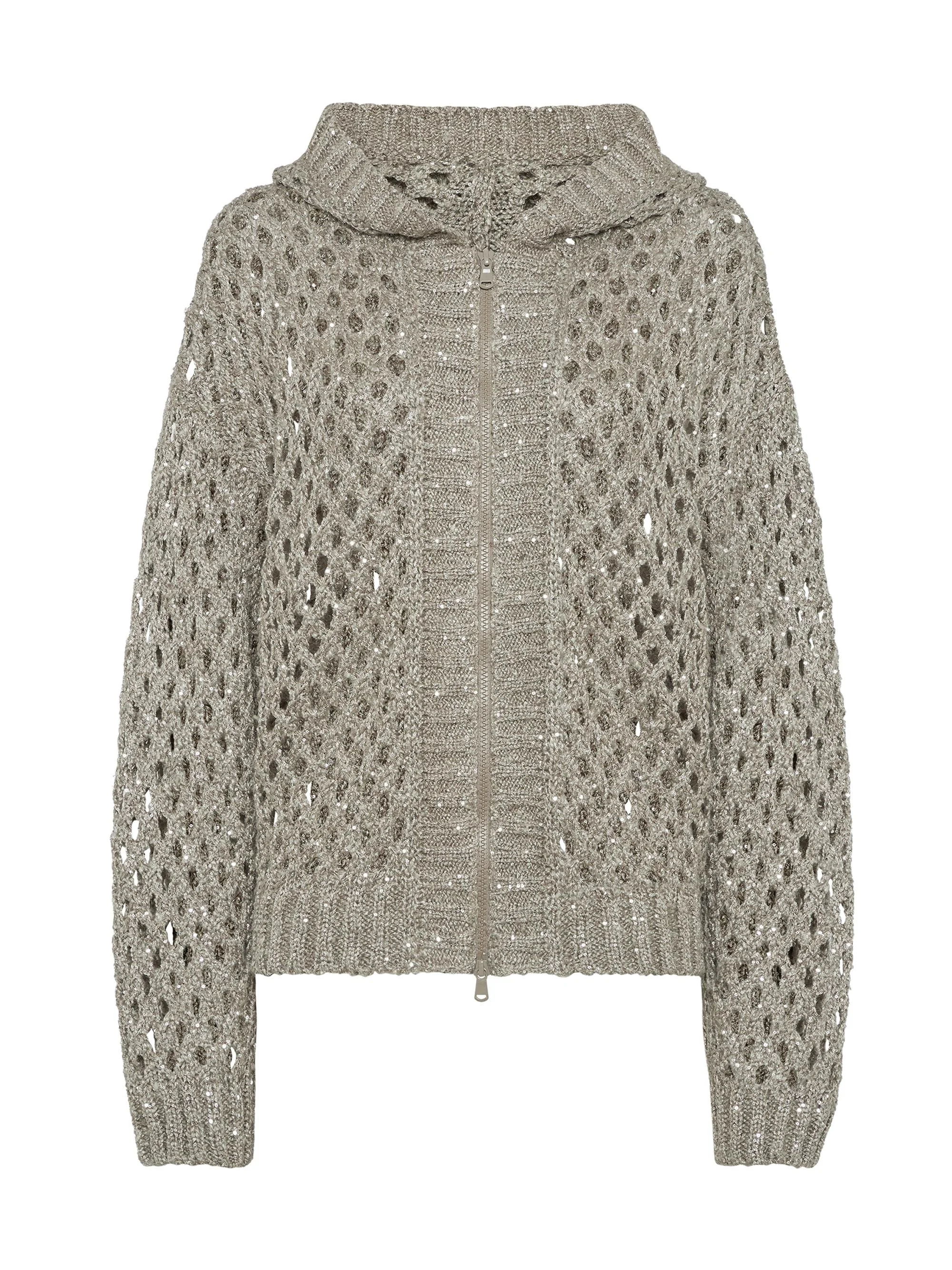 Women's Silk and Linen Dazzling Net Hooded Cardigan - Warm Beige - 1