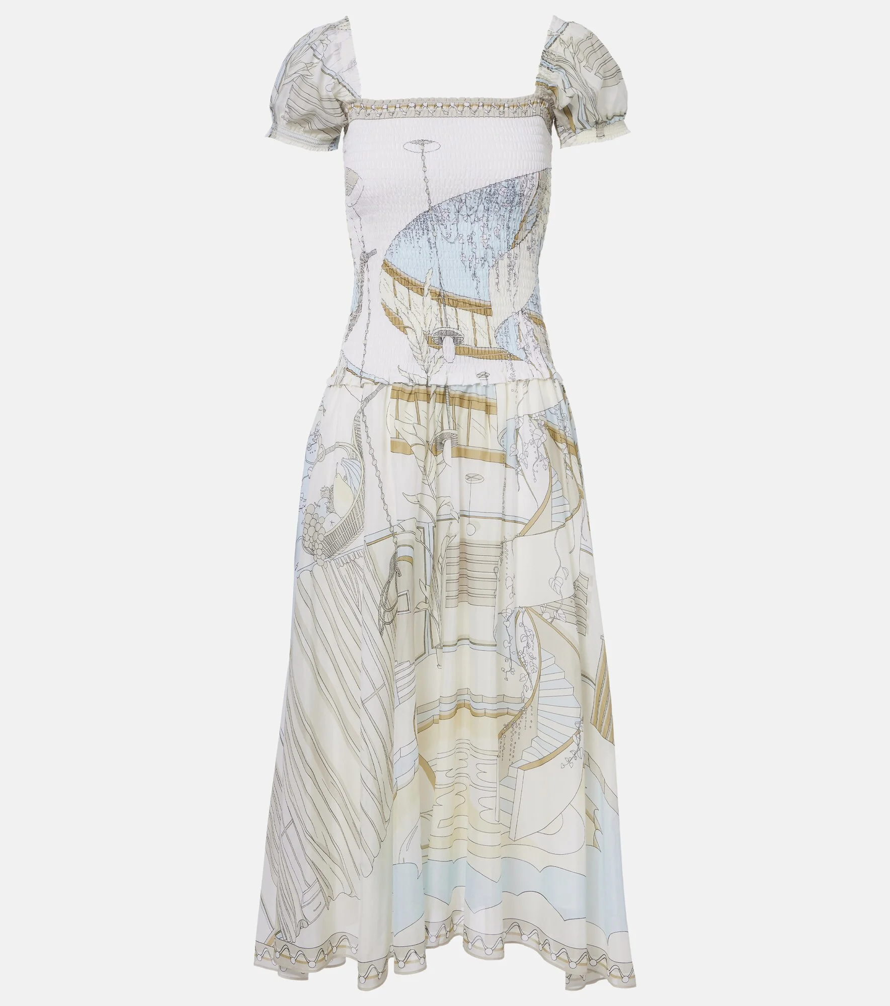 Printed shirred silk and cotton midi dress - 1