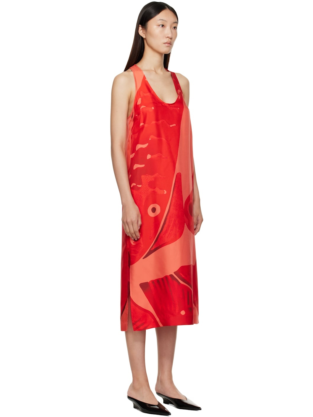 Red Fish Print Silk Maxi Dress - 2