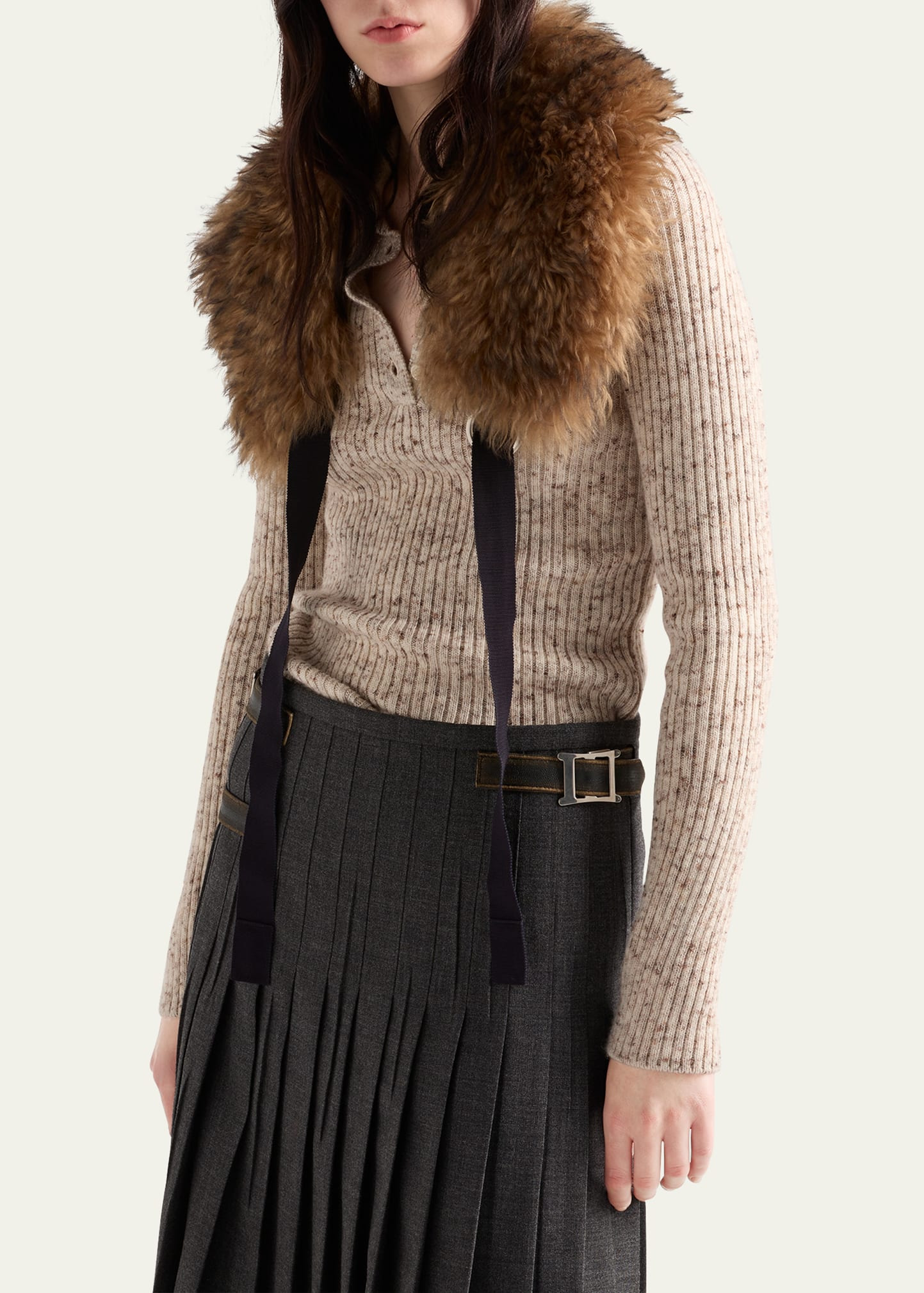 Speckled Wool-Linen Rib Polo Sweater - 4