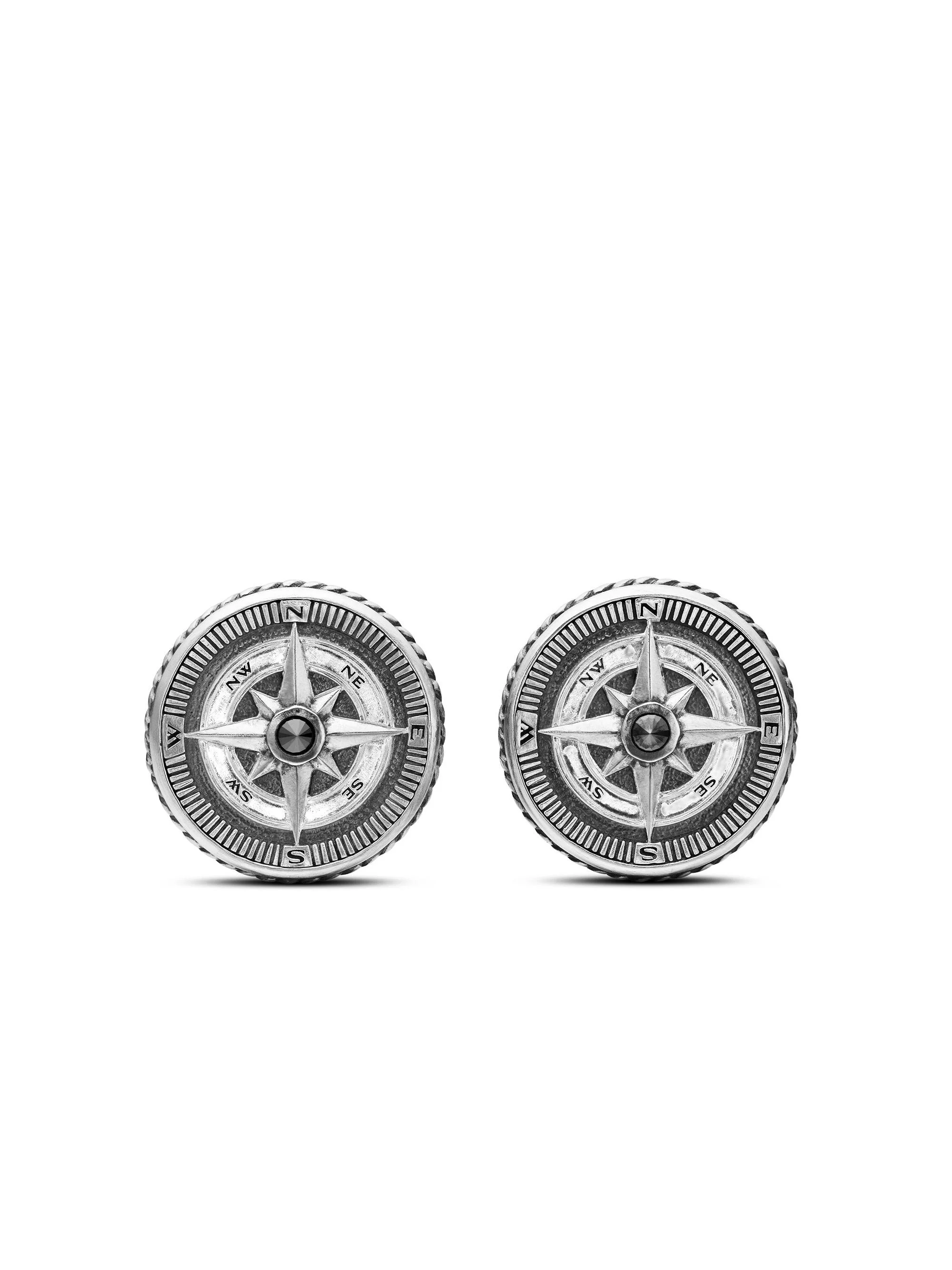 Men's Maritime Compass Cufflinks in Sterling Silver with Center Black Diamond, 16mm - Black Diamond - 1