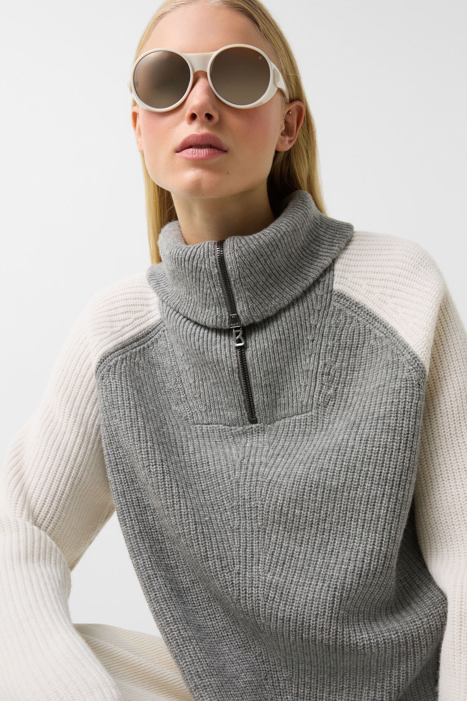 Letizia half-zippered knit sweater in Gray/Cream/Camel - 3