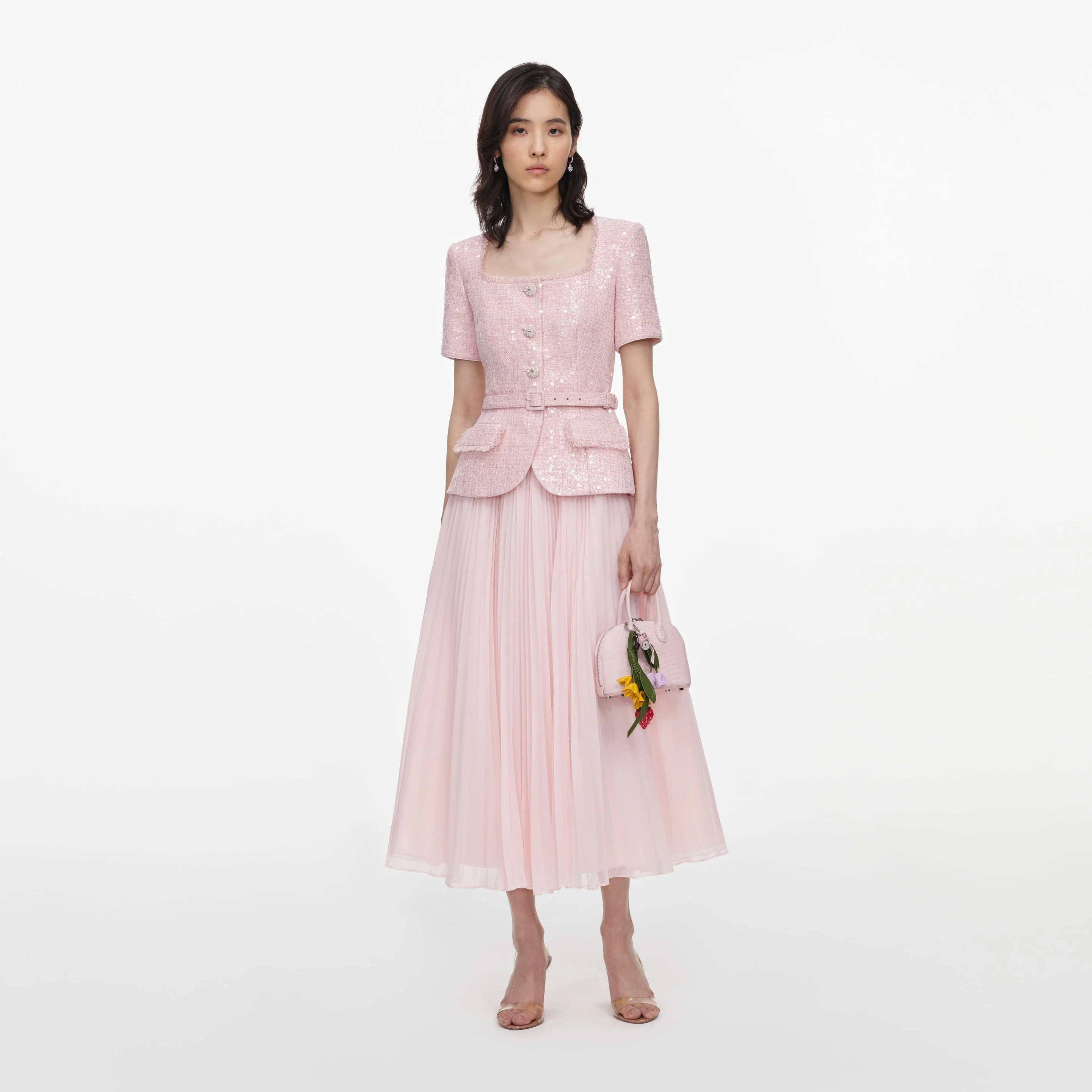 Pink Sequin Boucle Midi Dress - 1