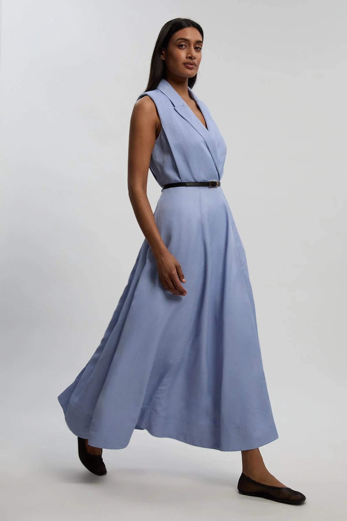 Premium Viscose Linen Tailored Belted Full Skirted Midi Dress - 1