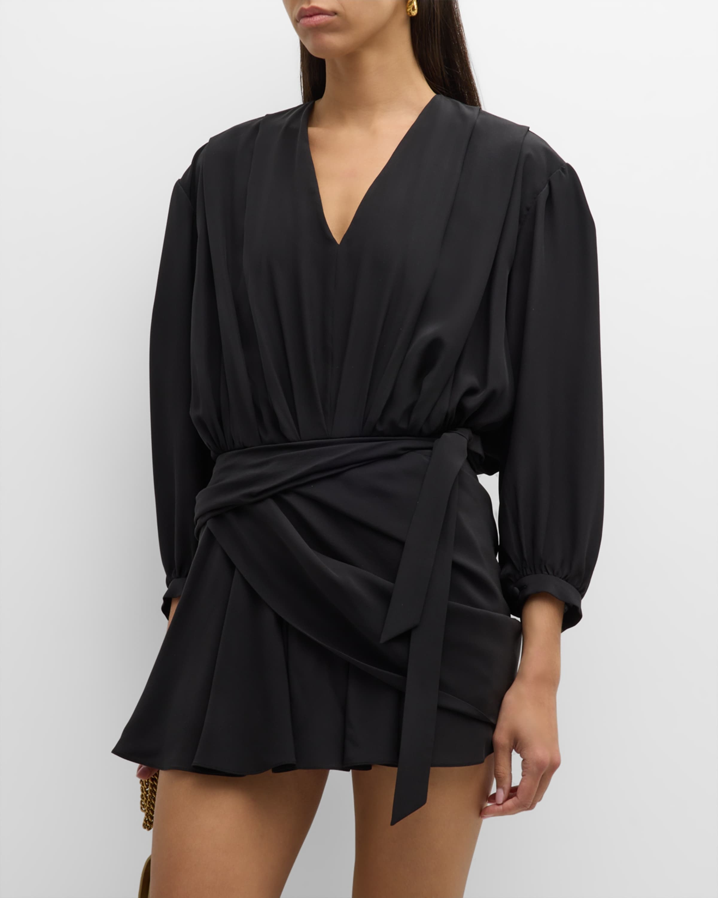 V-Neck Draped Belted Long-Sleeve Silk Crepe Mini Dress - 5