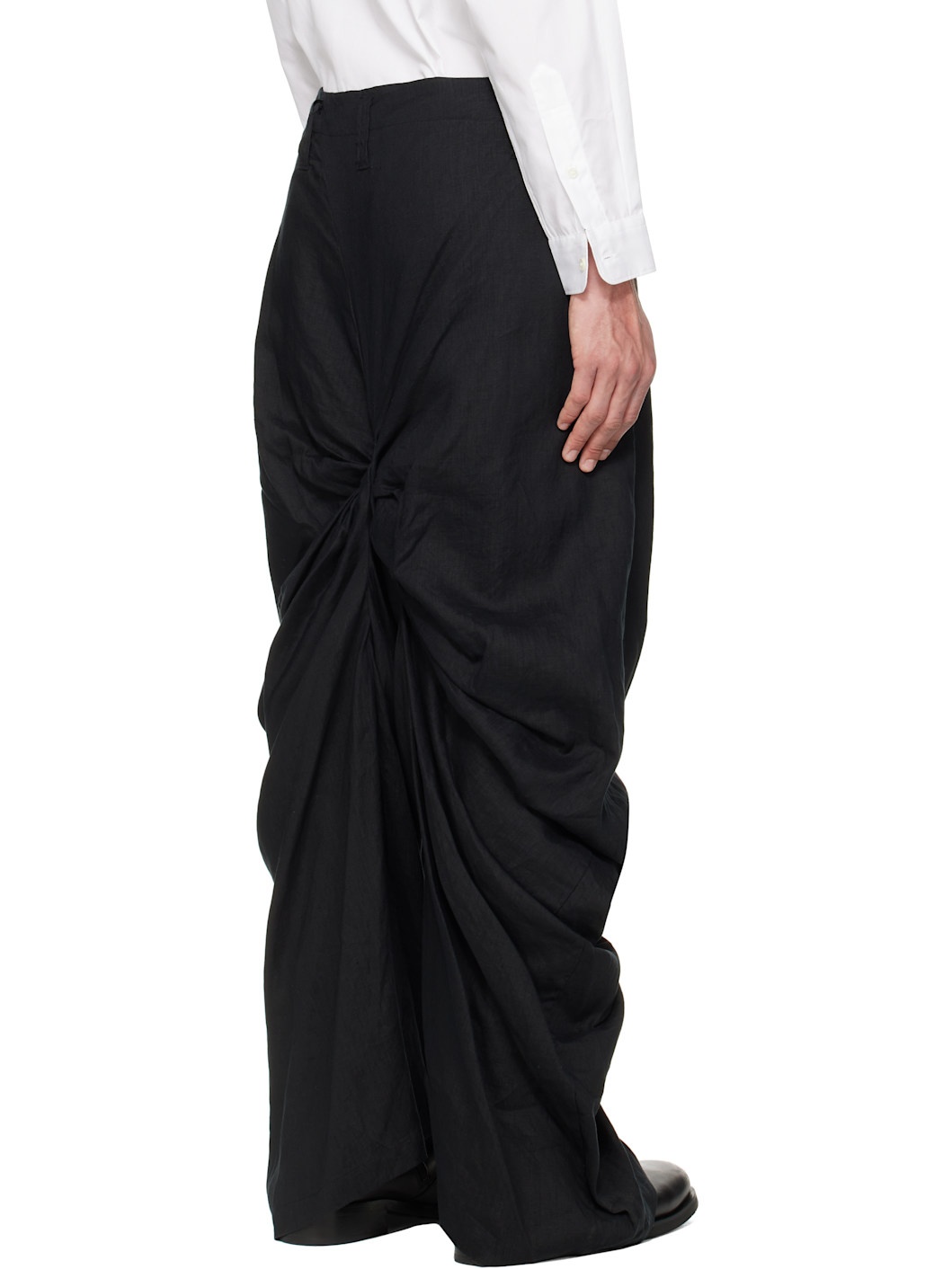 Black Draped Linen Trousers - 3