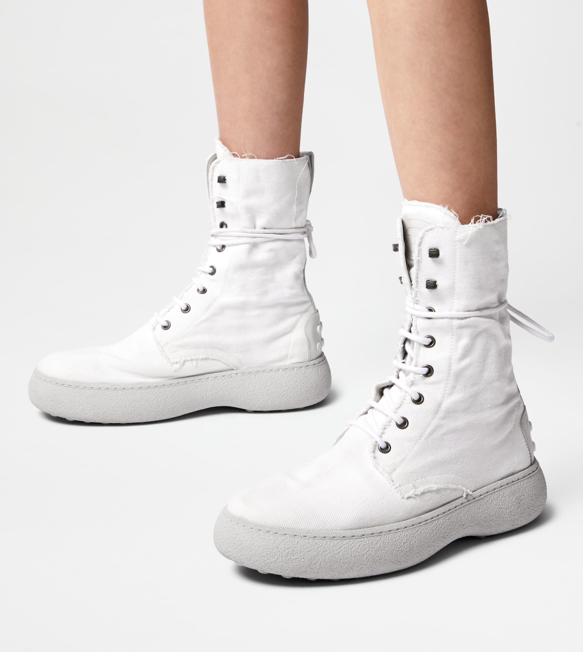 TOD'S W. G. LACE-UP ANKLE BOOTS IN CANVAS AND LEATHER - OFF WHITE - 2