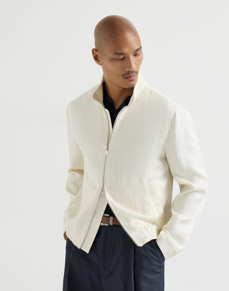 Silk, linen and wool hopsack outerwear jacket with stand collar 2