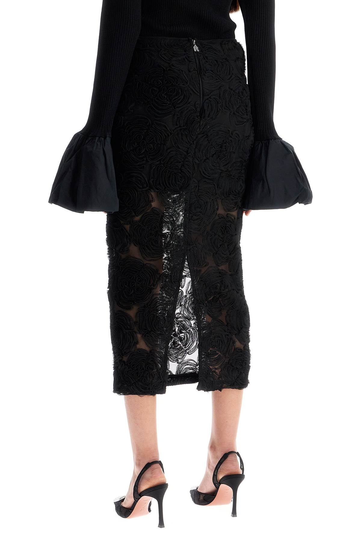 Rotate Black Recycled Polyester Floral Mesh Pencil Skirt Women - 3