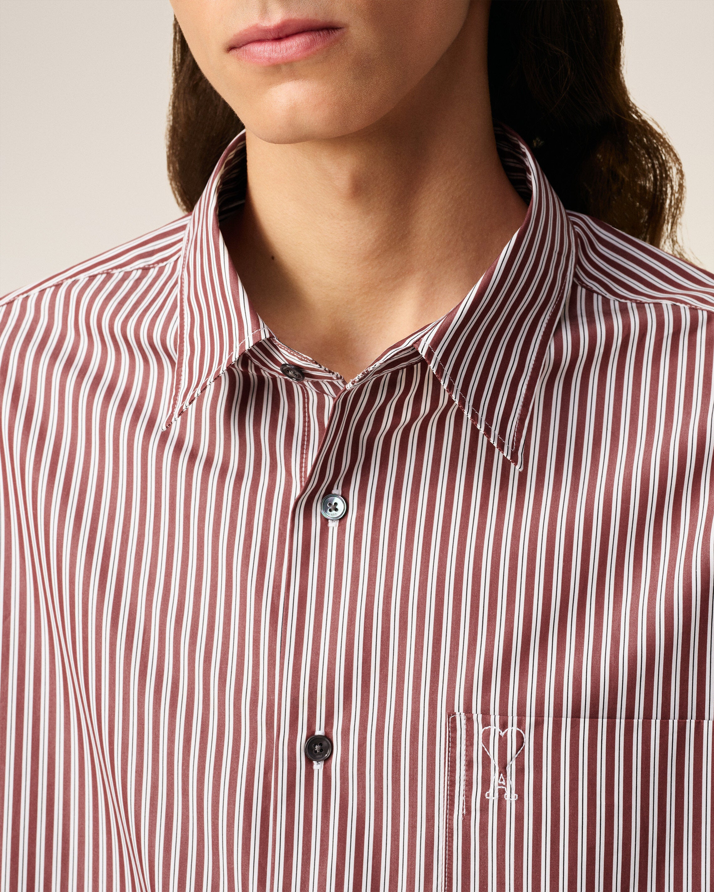 BURGUNDY COTTON EMBOSSED AMI DE COEUR STRIPED BOXY SHIRT - 4