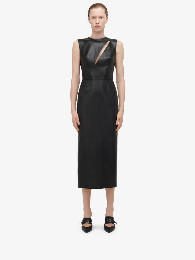 Women's Leather Slashed Pencil Dress in Black - 1