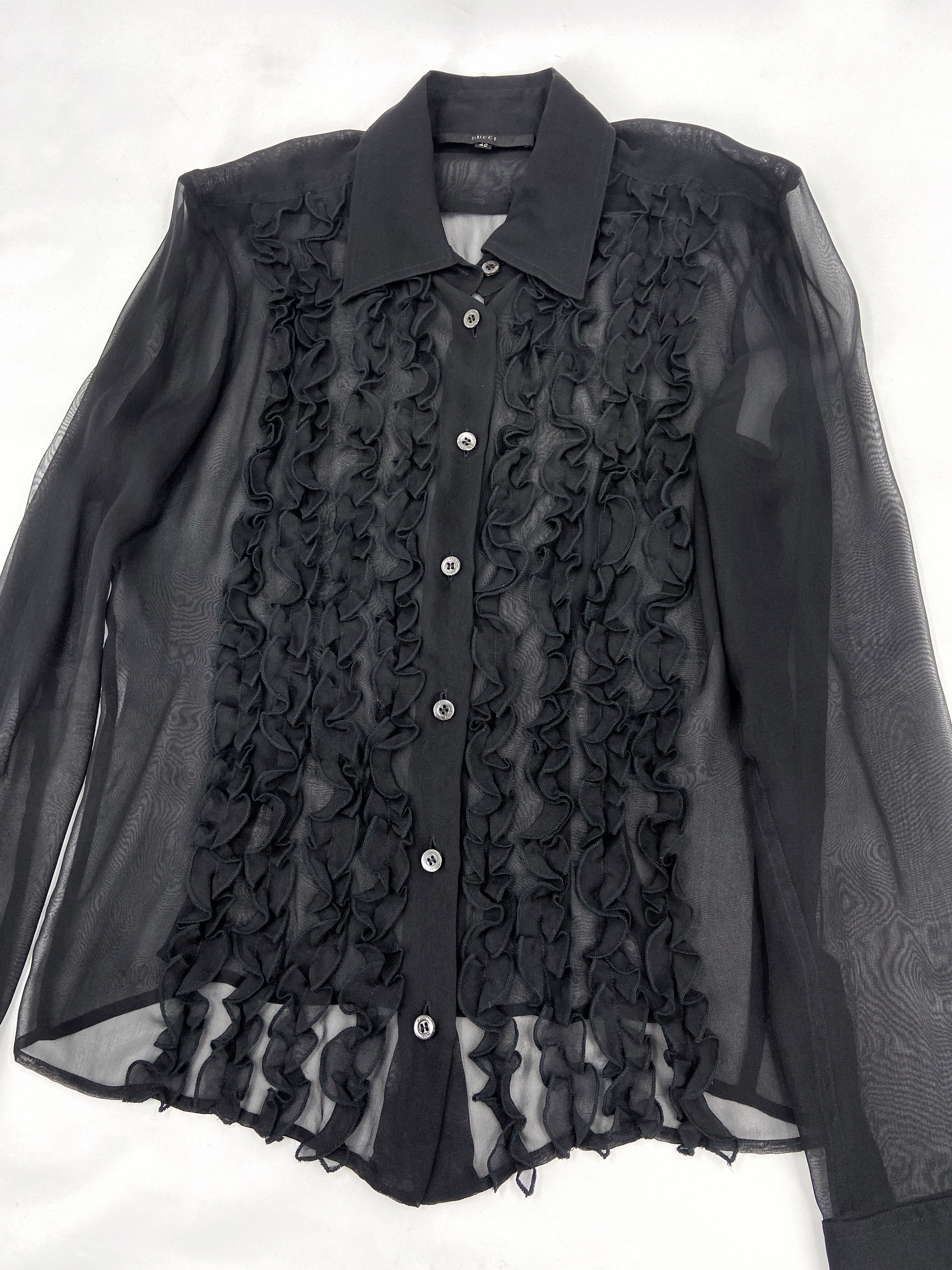 Gucci Spring 1999 Tom Ford Daisey Fuentes Ruffled Silk Sheer Dress Shirt 40 - 8