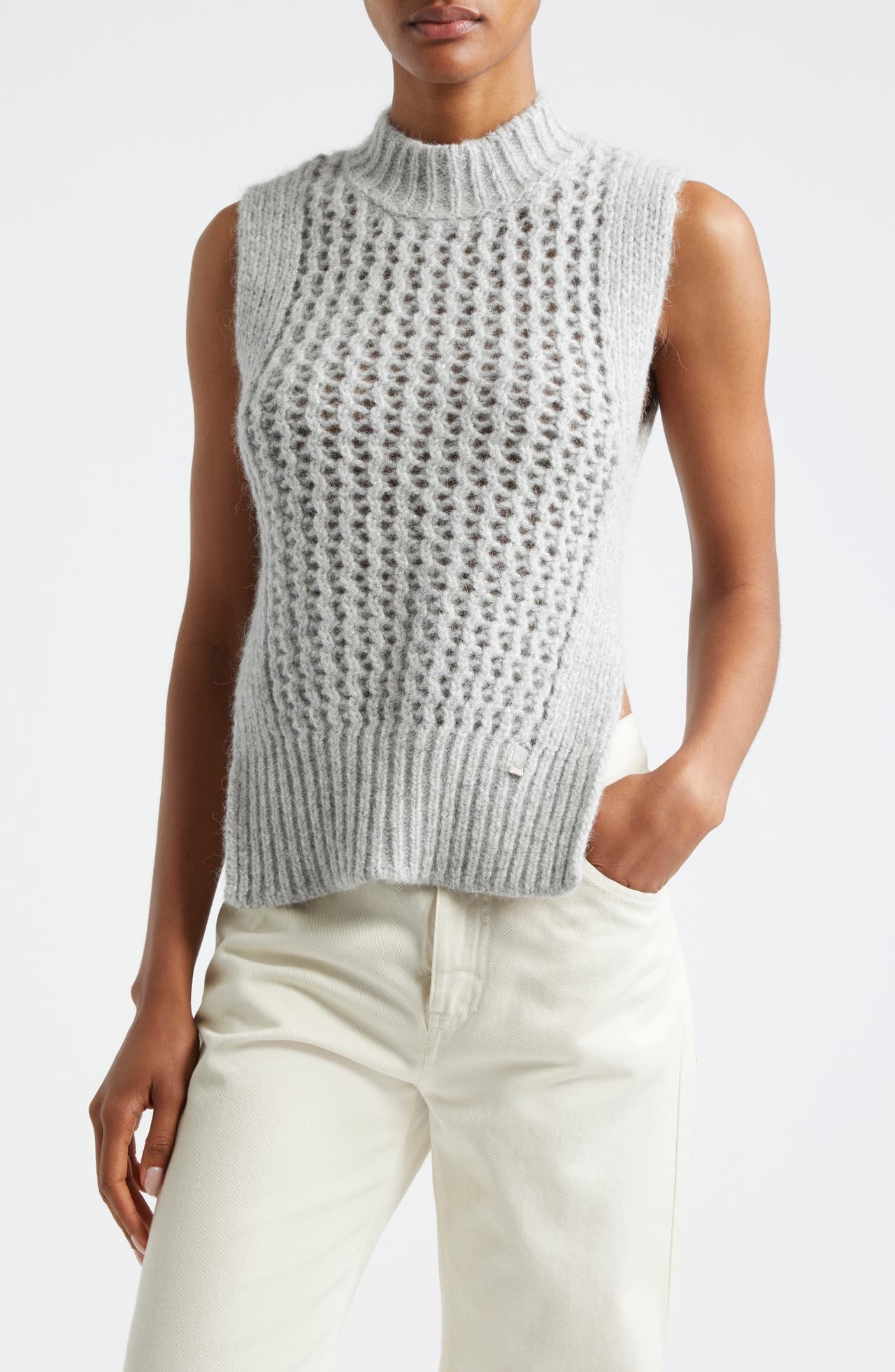 Herno Mock Neck Openwork Sweater Tank in Grey at Nordstrom - 1