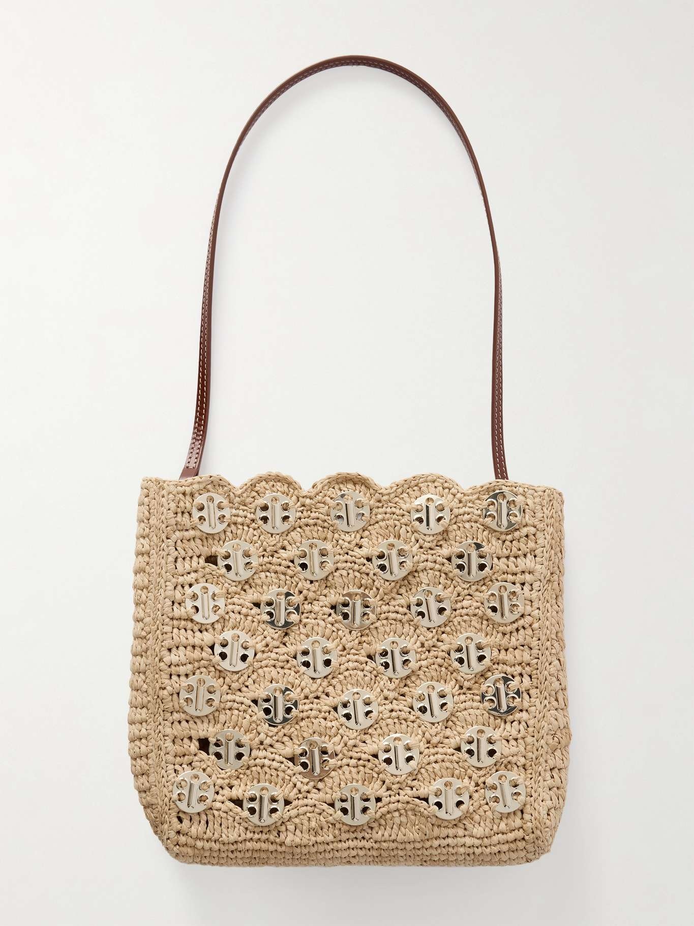 Leather-trimmed embellished woven raffia shoulder bag Neutral - 3