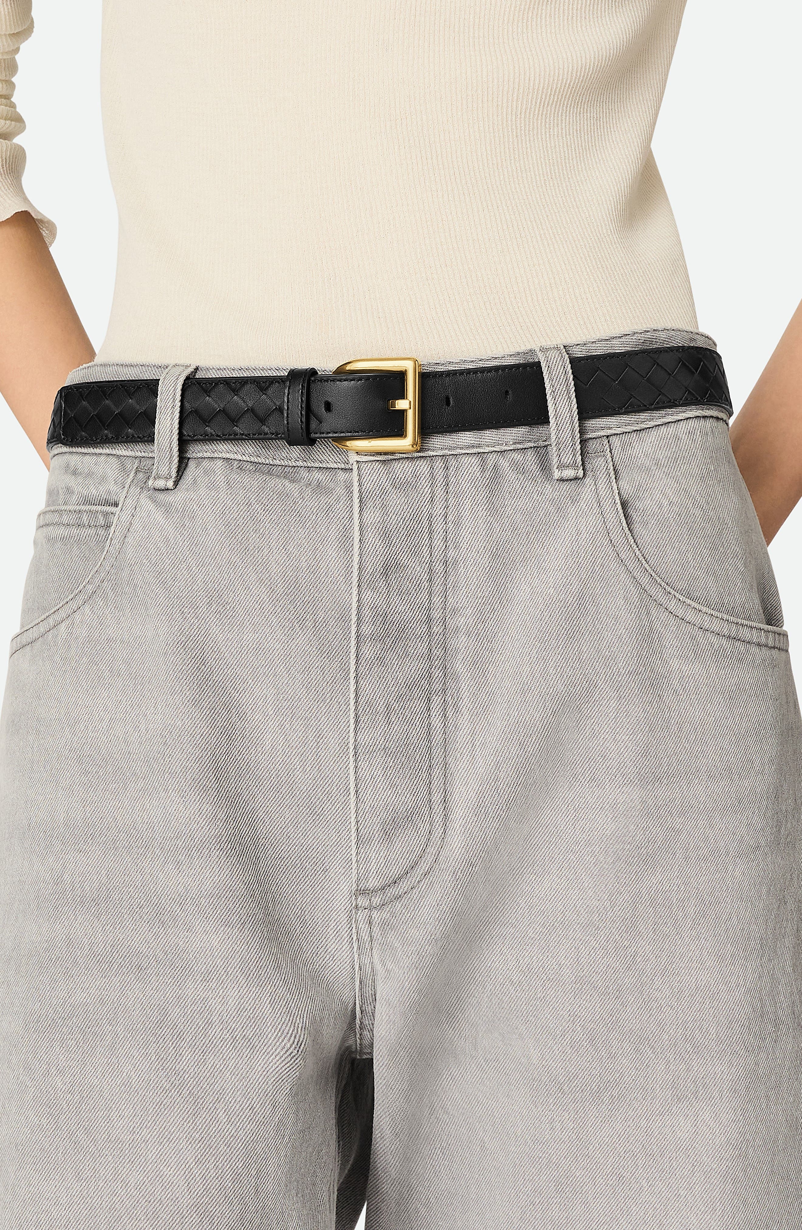 Bottega Veneta Cintura Intrecciato Leather Belt in 1019 Black-M Brass at Nordstrom - 2