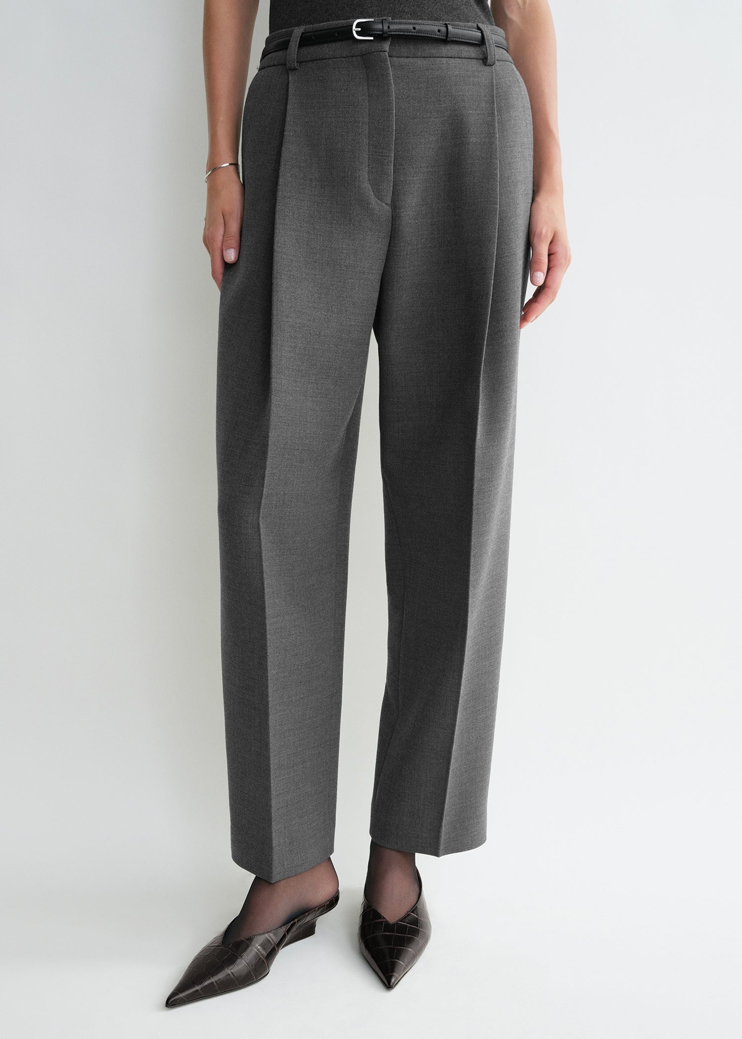 Pleated straight trousers grey melange - 5