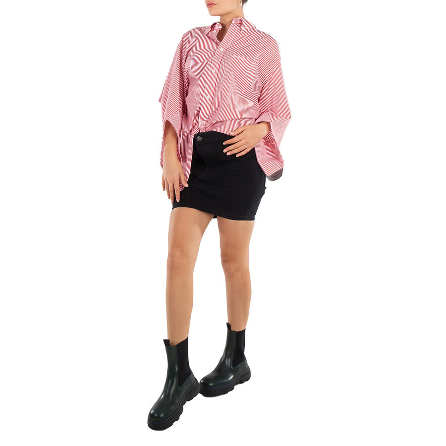Balenciaga Ladies Red / White Embroidered-Logo Shirt - 4