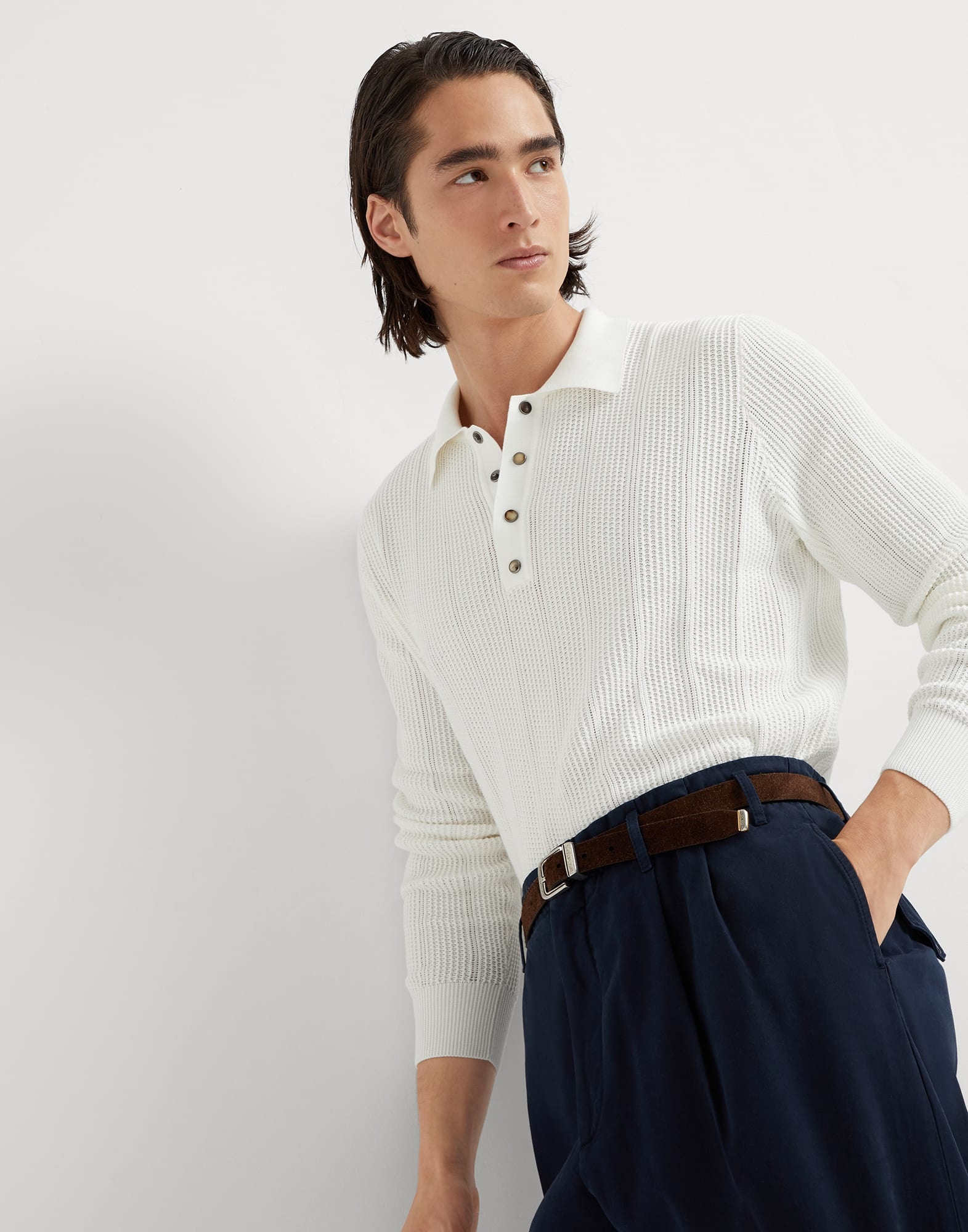Cotton textured rib knit polo with long sleeves - 4