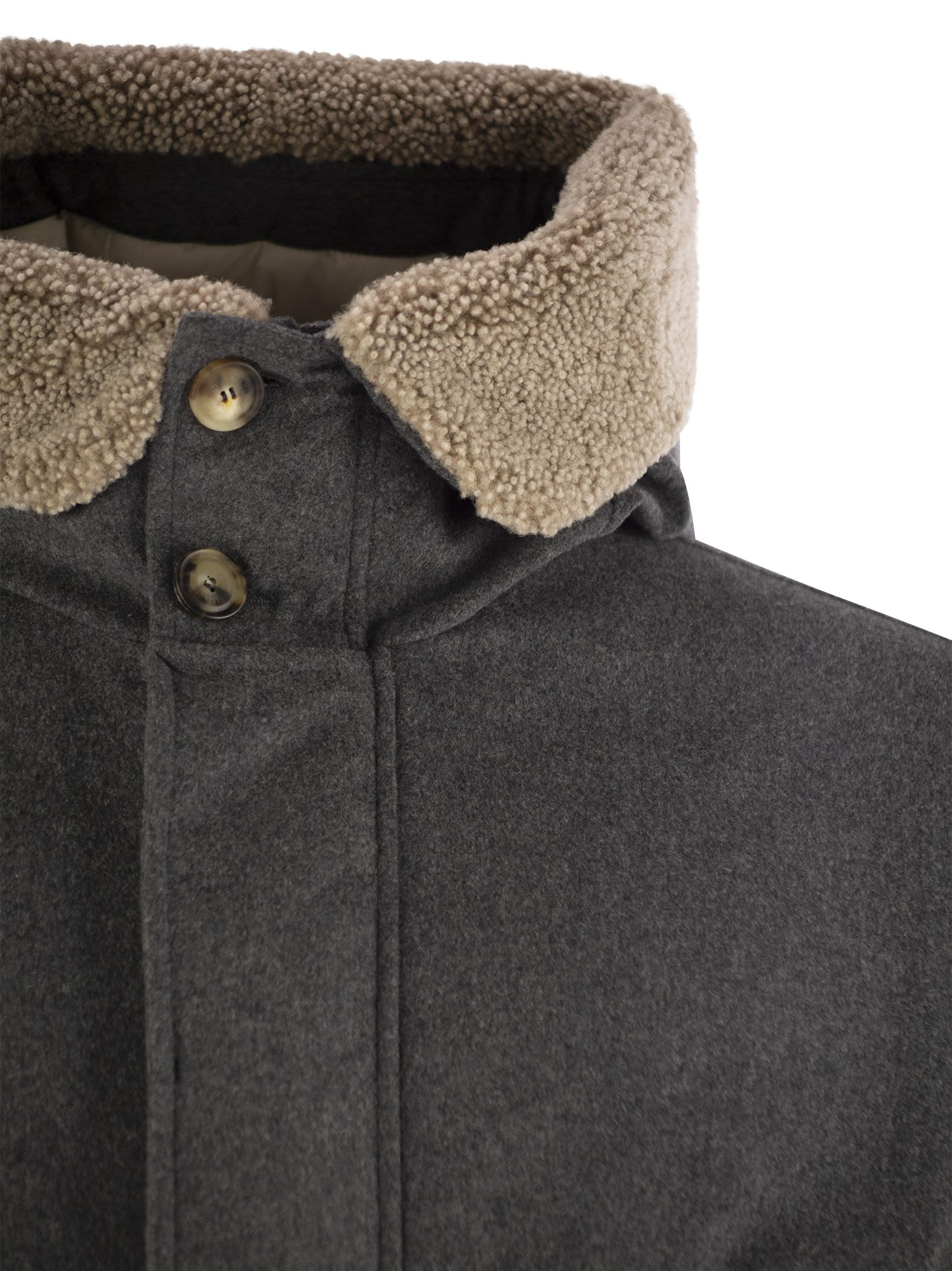 Brunello Cucinelli Men Membranated Wool Flannel Parka Down Jacket With Hood And Shearling Insert - 4