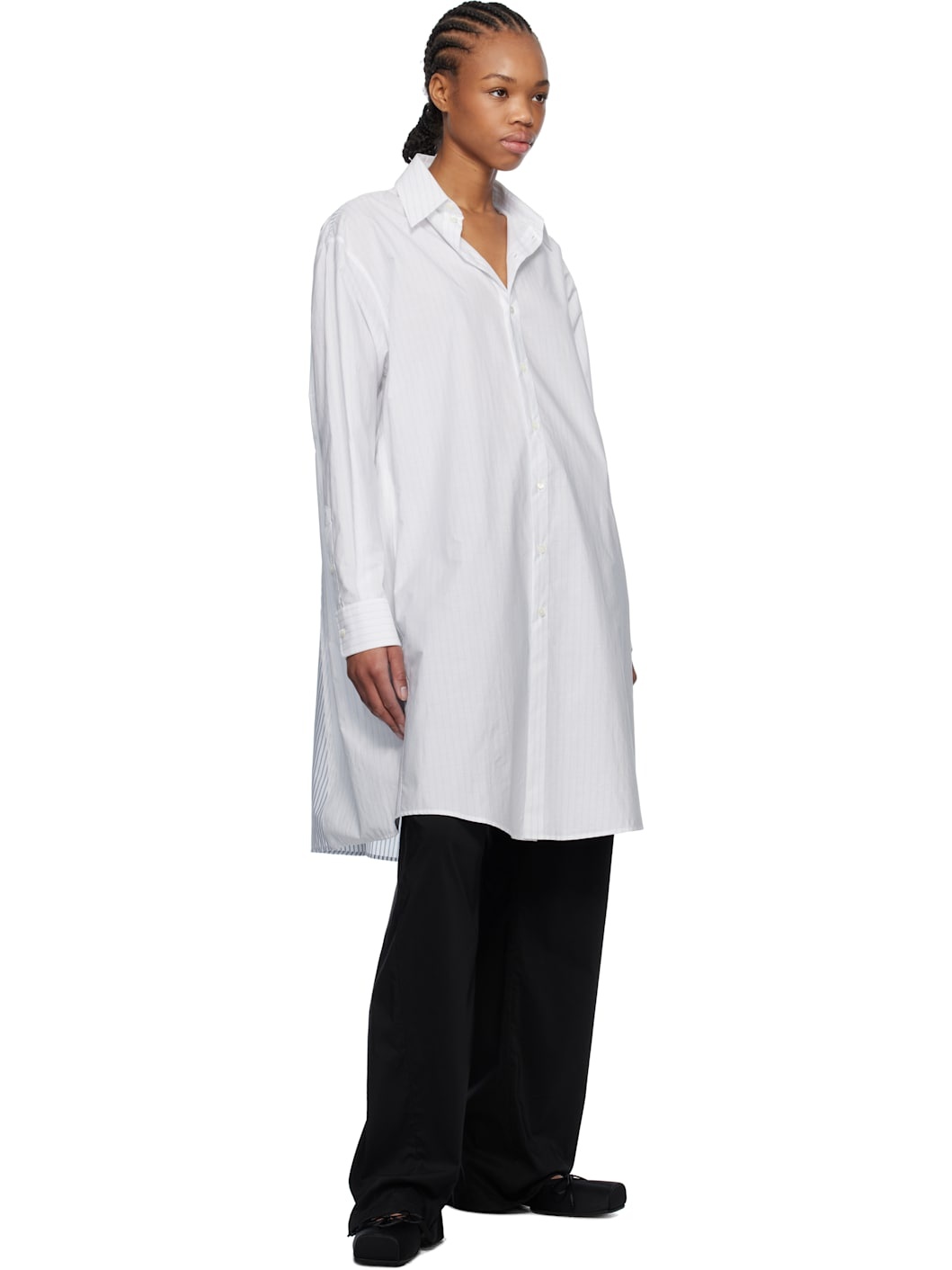 White Spliced Striped Cotton Poplin Midi Dress - 4