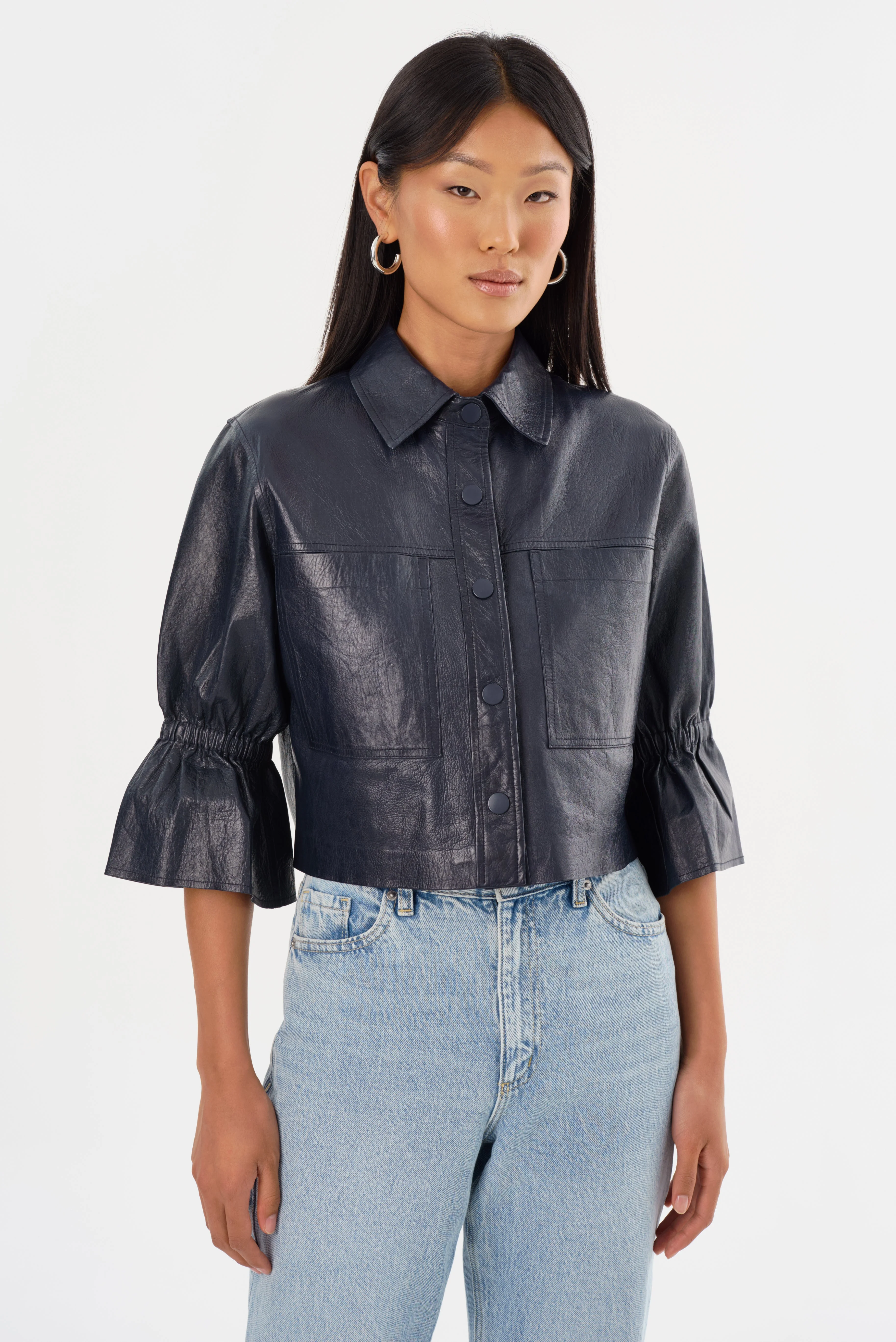 CAROLINA | Ruffle Sleeve Leather Jacket - 1
