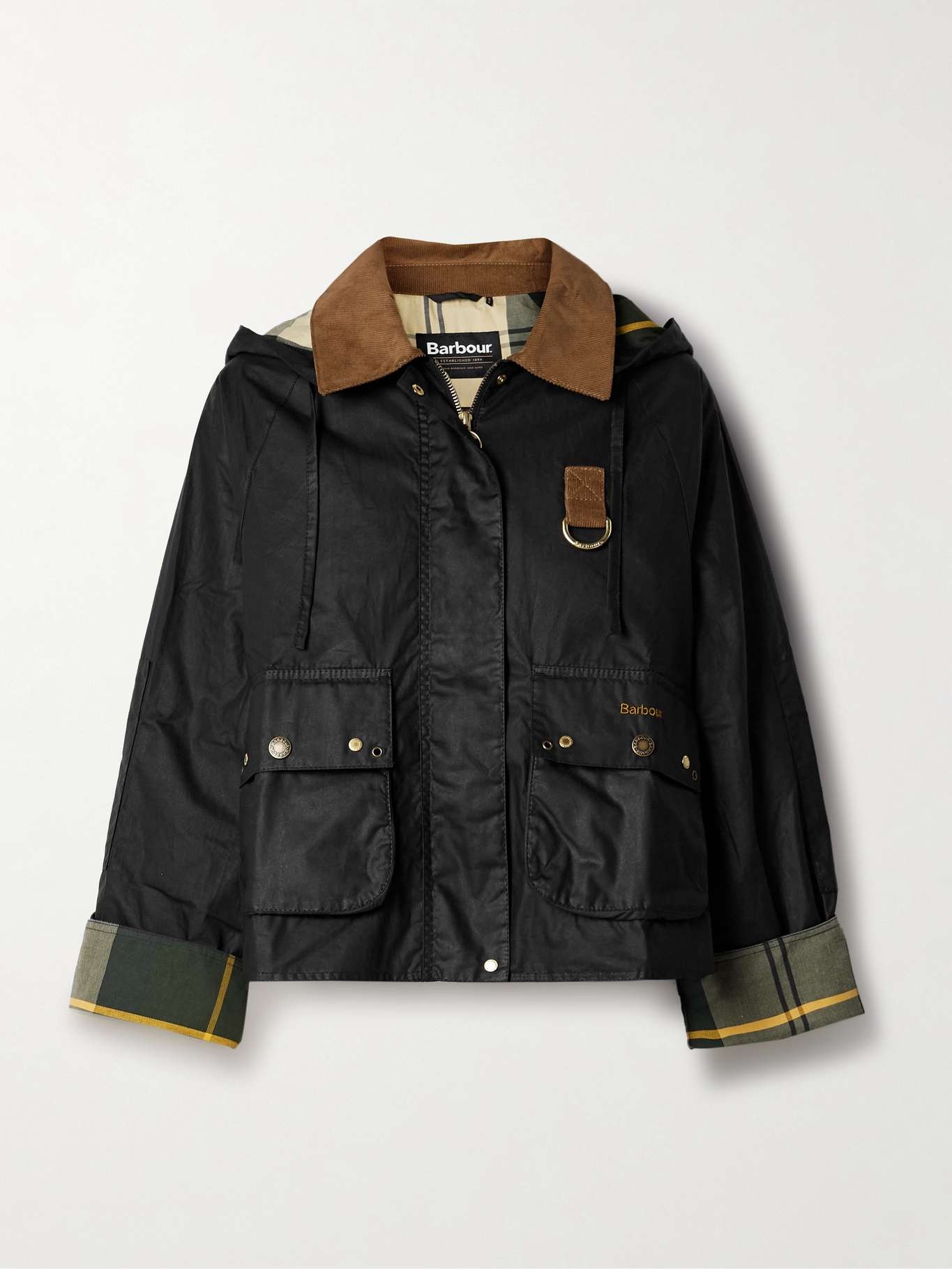 Erma hooded corduroy-trimmed waxed-cotton jacket Black - 1