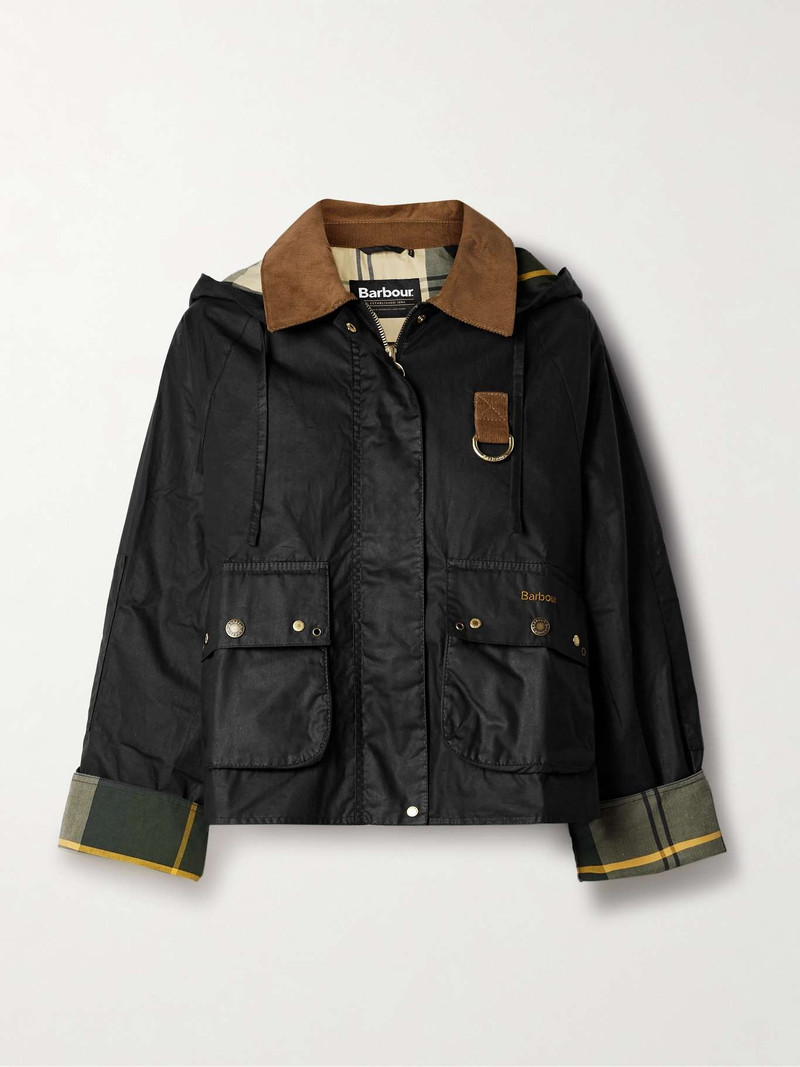 Erma hooded corduroy-trimmed waxed-cotton jacket Black - 1