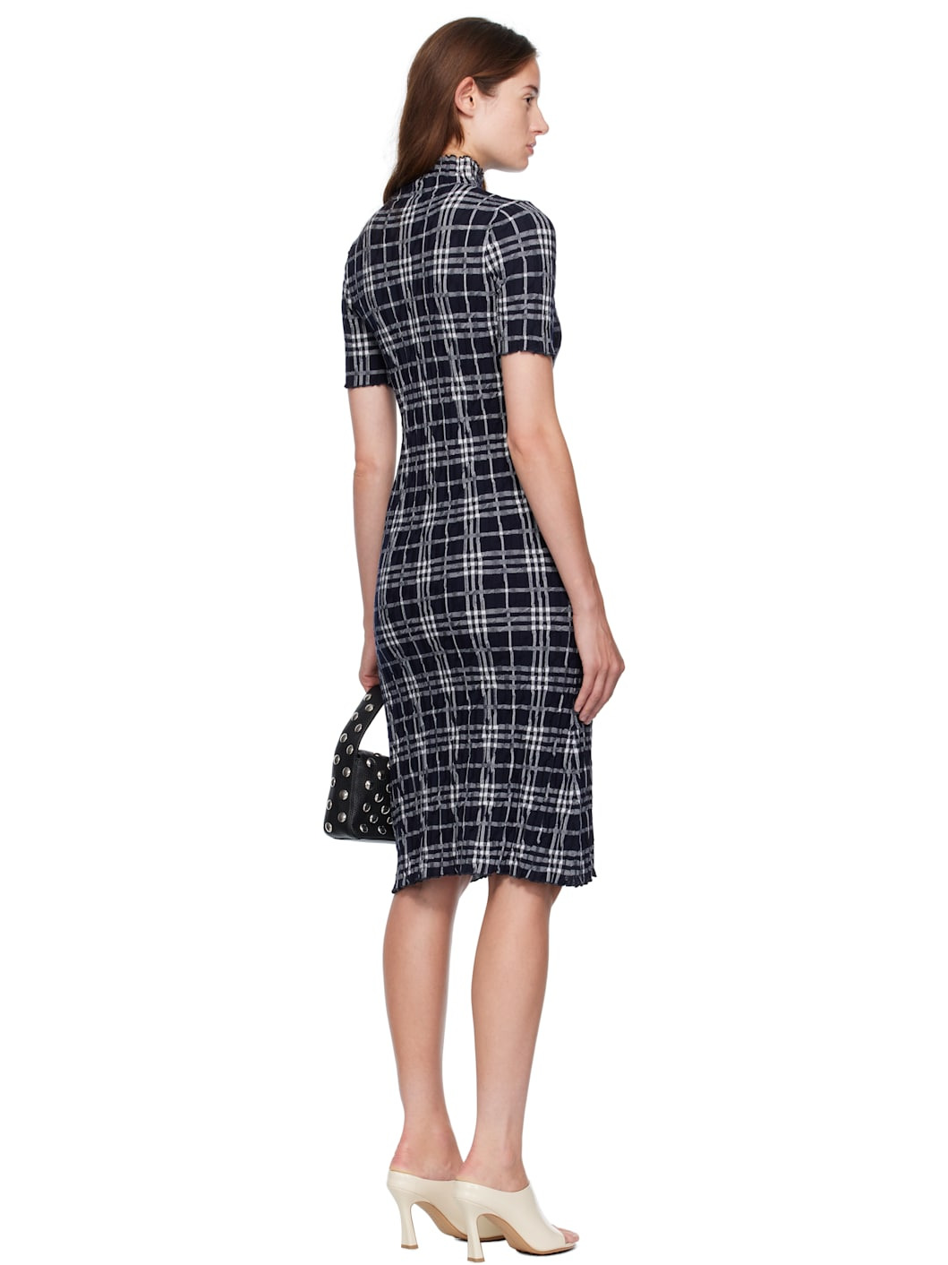 Navy & White Check Wool Blend Midi Dress - 3