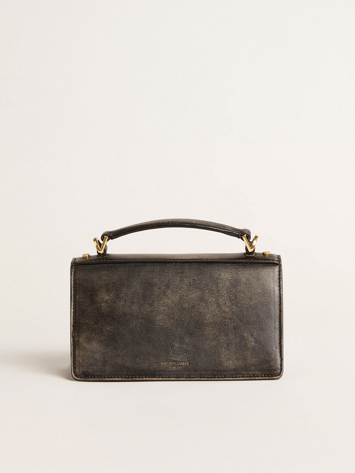 Small Venezia Bag in black distressed leather with gold details - 3