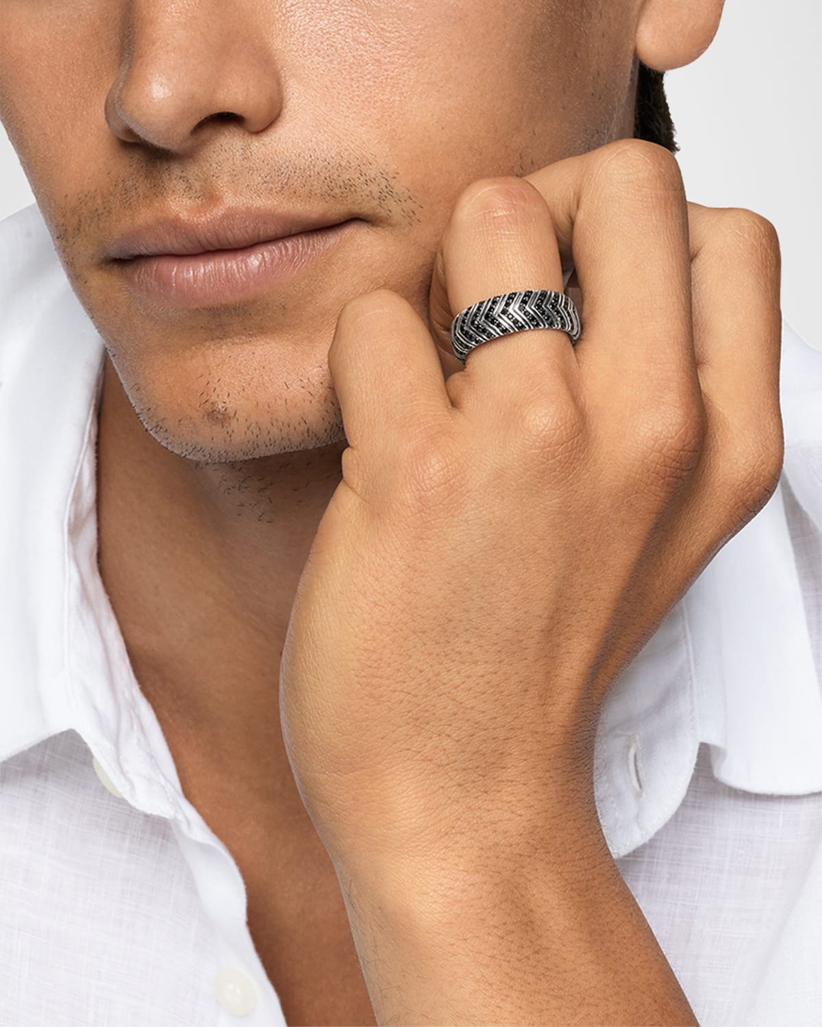 Men's Chevron Band Ring in Silver with Diamonds, 8mm - 2