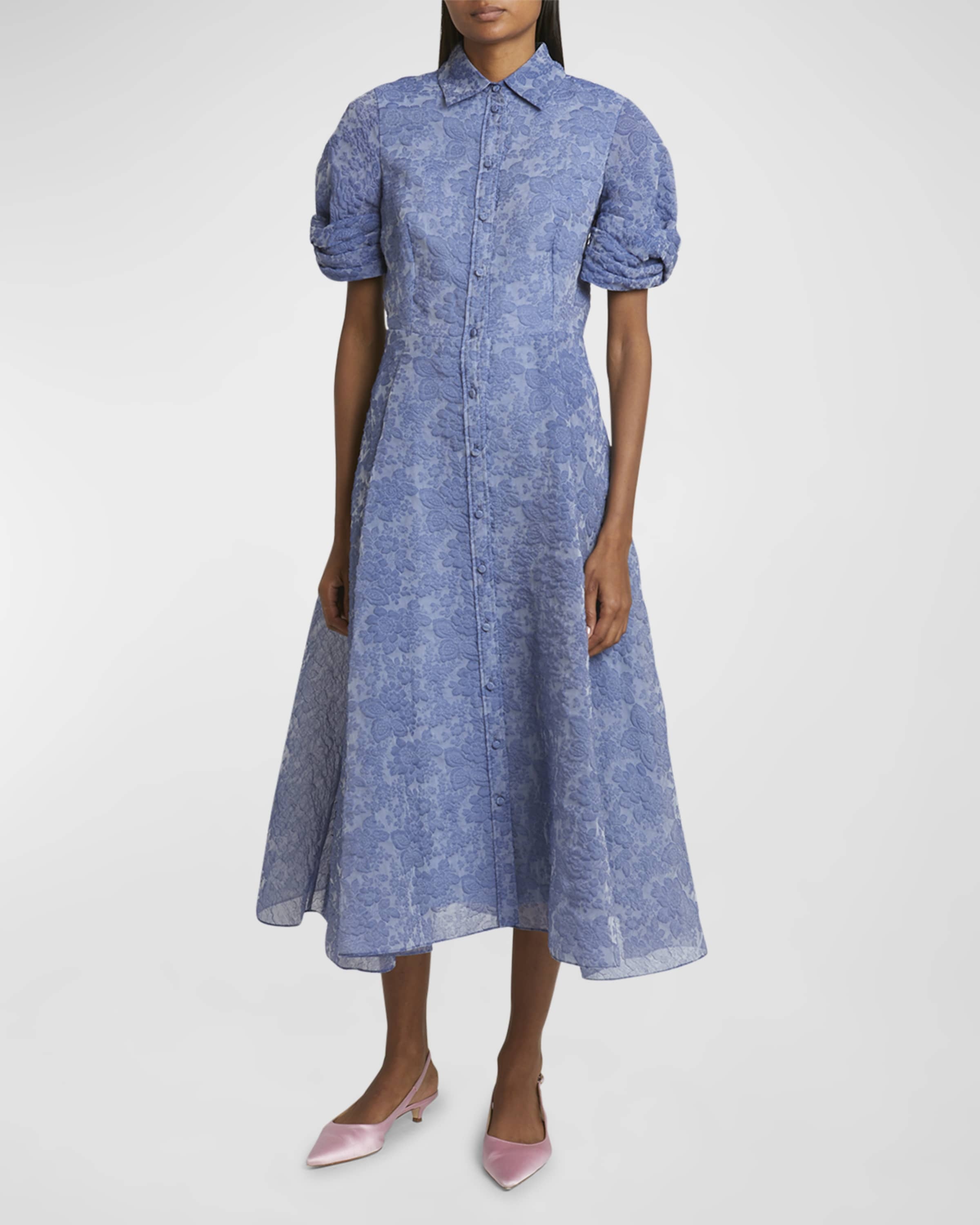 Twisted Short-Sleeve Floral Brocade Midi Shirtdress - 2