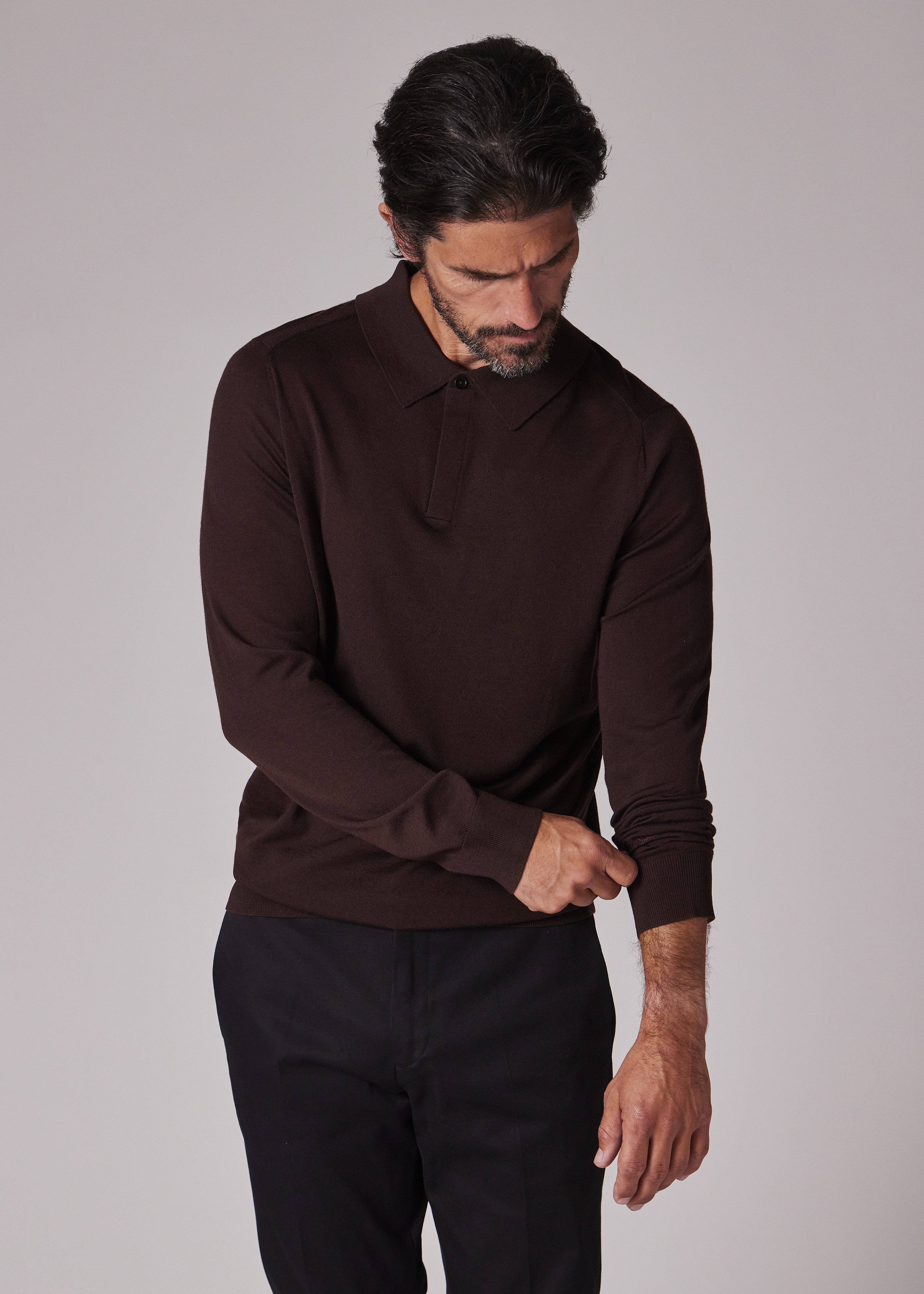 Burgundy Merino Wool Knitted Long-Sleeve Polo Shirt - 4