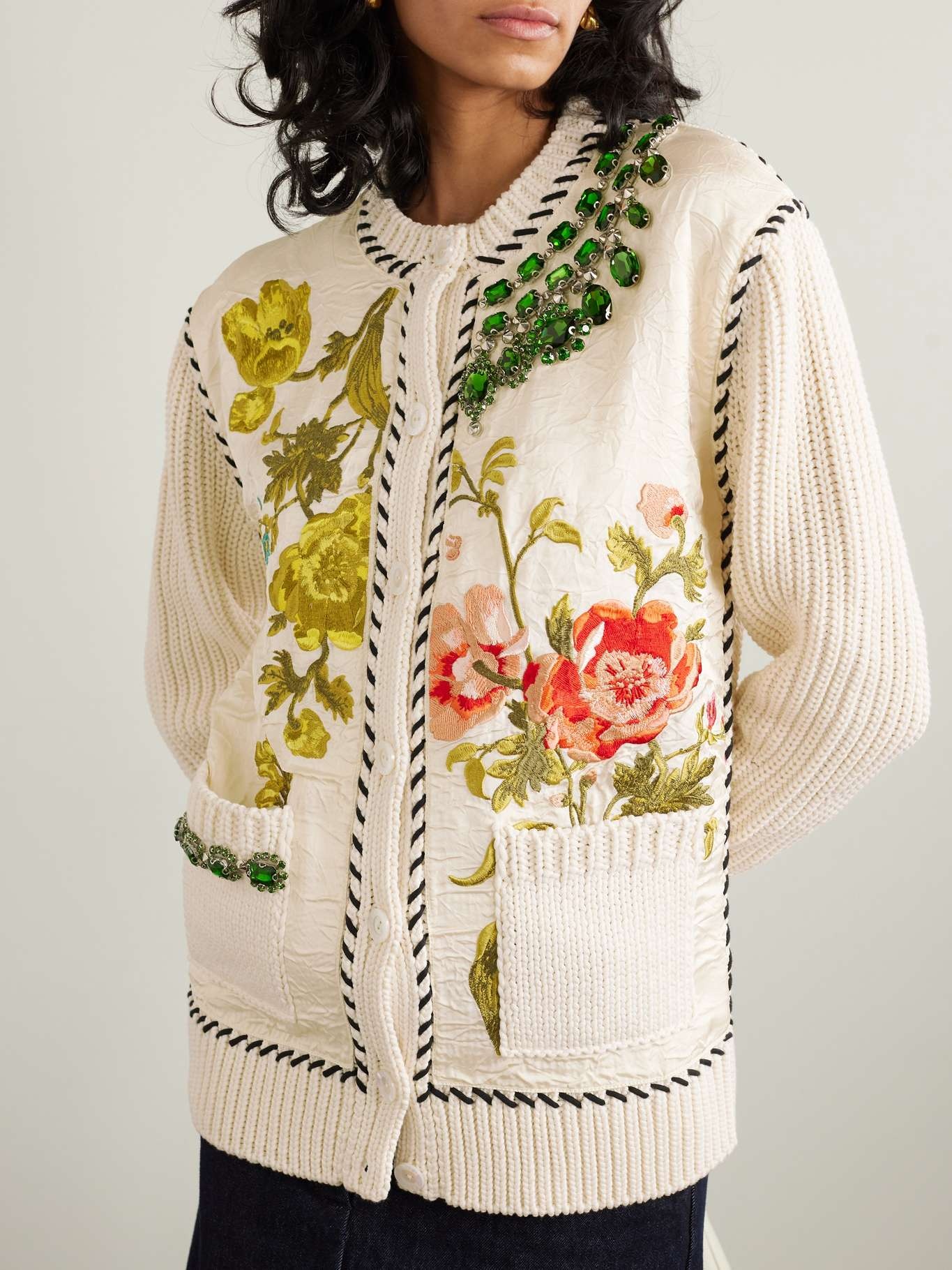 Embellished embroidered faille and ribbed cotton-blend cardigan - 3