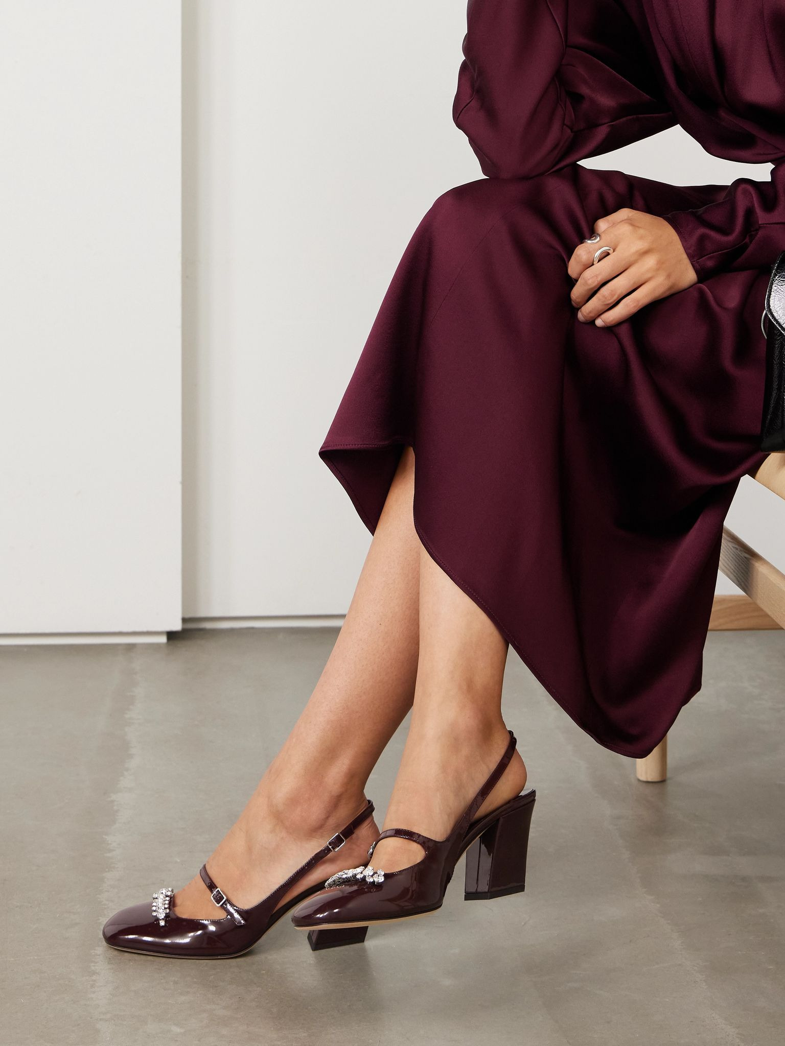 Belinda 70 crystal-embellished patent-leather slingback pumps Burgundy - 2