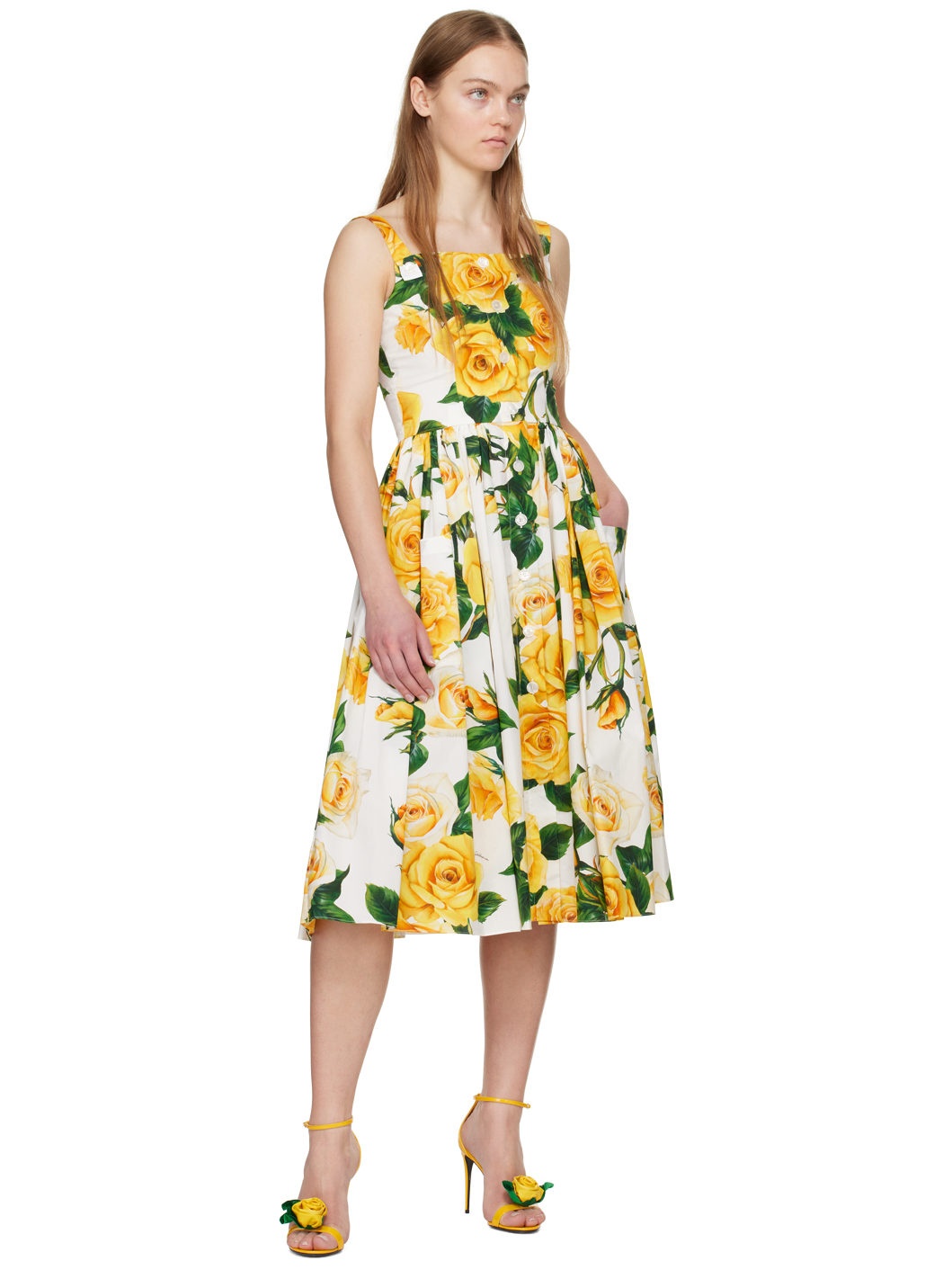 White & Yellow Floral Midi Dress - 4