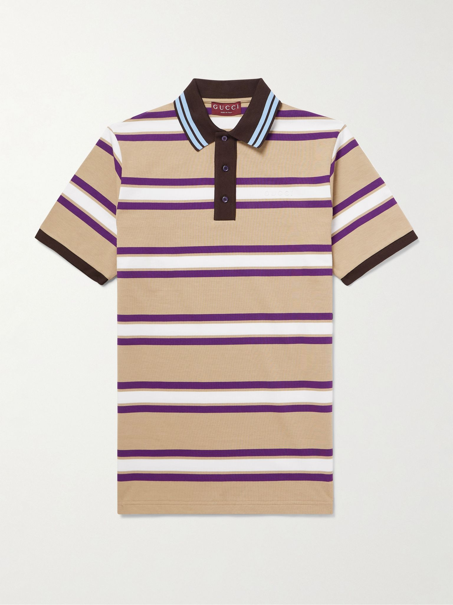 Logo-Embroidered Striped Cotton-Jersey Polo Shirt Beige - 1